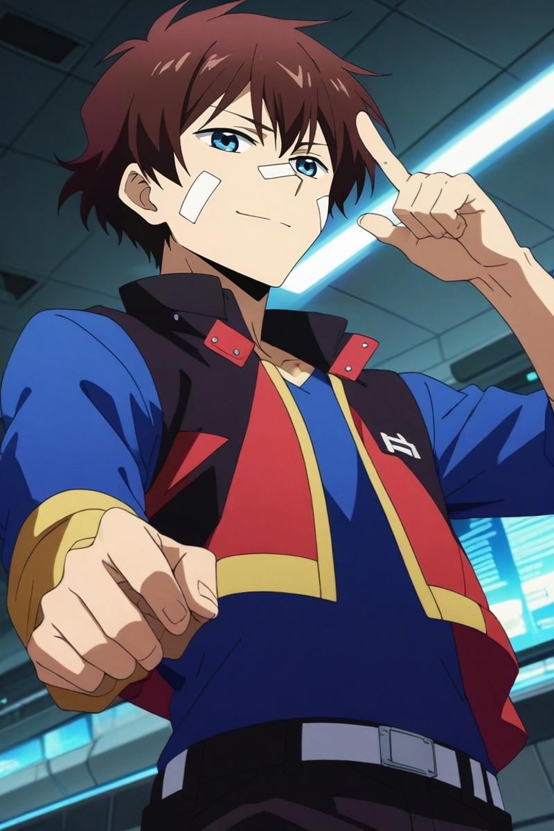 score_9, score_8_up, score_7_up, source_anime, rating_safe, intricate details, anime screencap, , official style, , , 1boy, solo, male focus, <lora:nice_hamatora_pony:0.8>, nice_hamatora, brown hair, blue eyes, bandaid on nose, , from below, spaceship, indoors, index finger raised, smile, patriotic costume, <lora:sdxl_lightning_8step_lora:1>