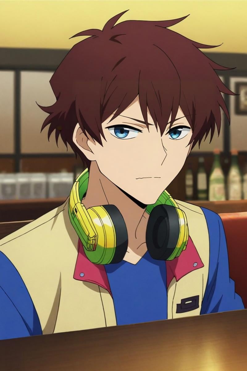 score_9, score_8_up, score_7_up, source_anime, rating_safe, , anime screencap, , official style, looking at viewer, depth of field, 1boy, solo, male focus, <lora:nice_hamatora_pony:0.82>, nice_hamatora, brown hair, blue eyes, , headphones around neck, close-up, restaurant, dark, holding instrument, wavy mouth, closed mouth, , <lora:sdxl_lightning_8step_lora:1>