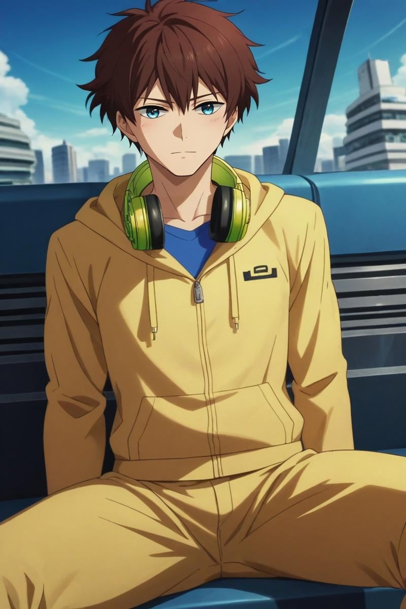 score_9, score_8_up, score_7_up, , rating_safe, intricate details, anime screencap, , , , depth of field, 1boy, solo, male focus, <lora:nice_hamatora_pony:0.86>, nice_hamatora, brown hair, blue eyes, , headphones around neck, focused, spaceship, day, spread legs, sparkling eyes, hoodie,, <lora:sdxl_lightning_8step_lora:1>