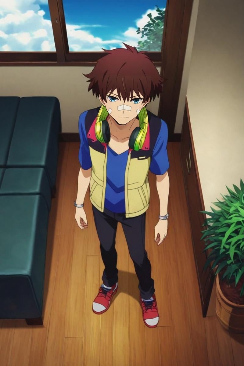 score_9, score_8_up, score_7_up, , rating_safe, intricate details, anime screencap, , official style, , , 1boy, solo, male focus, <lora:nice_hamatora_pony:0.82>, nice_hamatora, brown hair, blue eyes, bandaid on nose, headphones around neck, from above, full body, living room, plant, day, clouds, standing, skin fang, , <lora:sdxl_lightning_8step_lora:1>