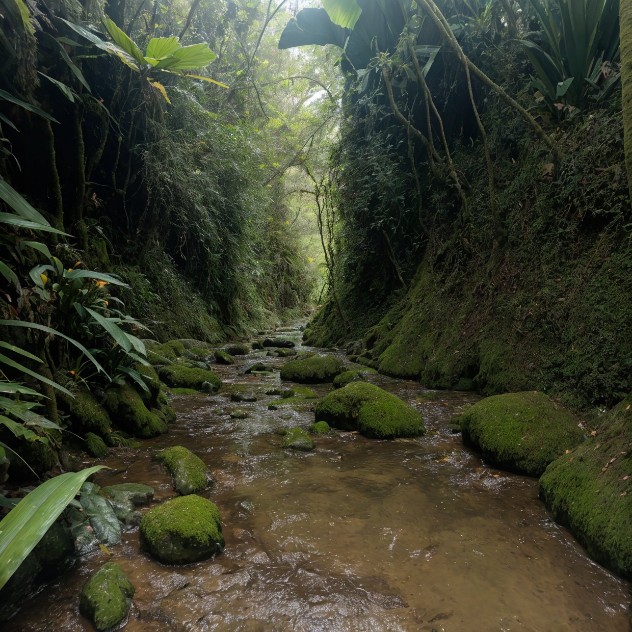 a small arroyo passing through a damp ground, detailed rock formations, mossy banks, lush greenery, sunlight filtering through the trees, serene atmosphere, realistic, photorealistic, photo-realistic:1.37, (best quality,4k,8k,highres,masterpiece:1.2),ultra-detailed, vivid colors, natural lighting, atmospheric, tranquil, picturesque landscape, intricate details, stunning scenery,girl