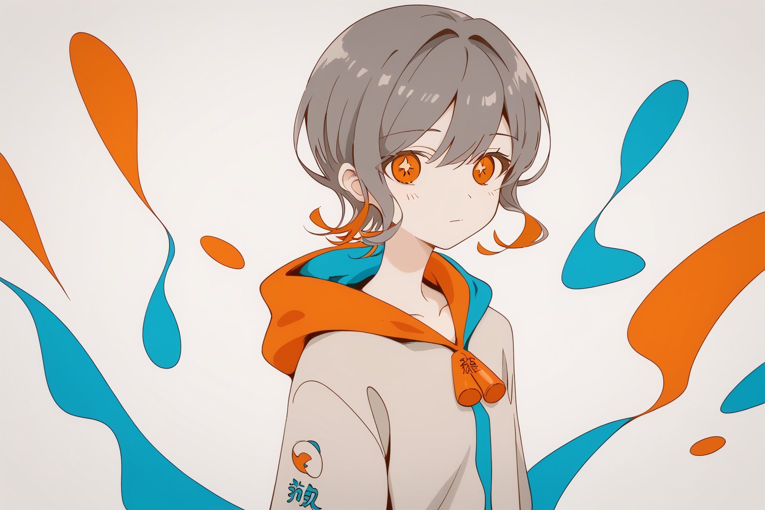 score_9_up,score_8_up, source_anime,spot_colors,solo,1girl,short-hair,white_background,multicolor_hair,two-tone-hair,gray_hair,orange_hair, orange_eyes, hoodie,hood,hood_down,long_sleeves,bangs,simple_background,Nira-Chan,brown_hair,