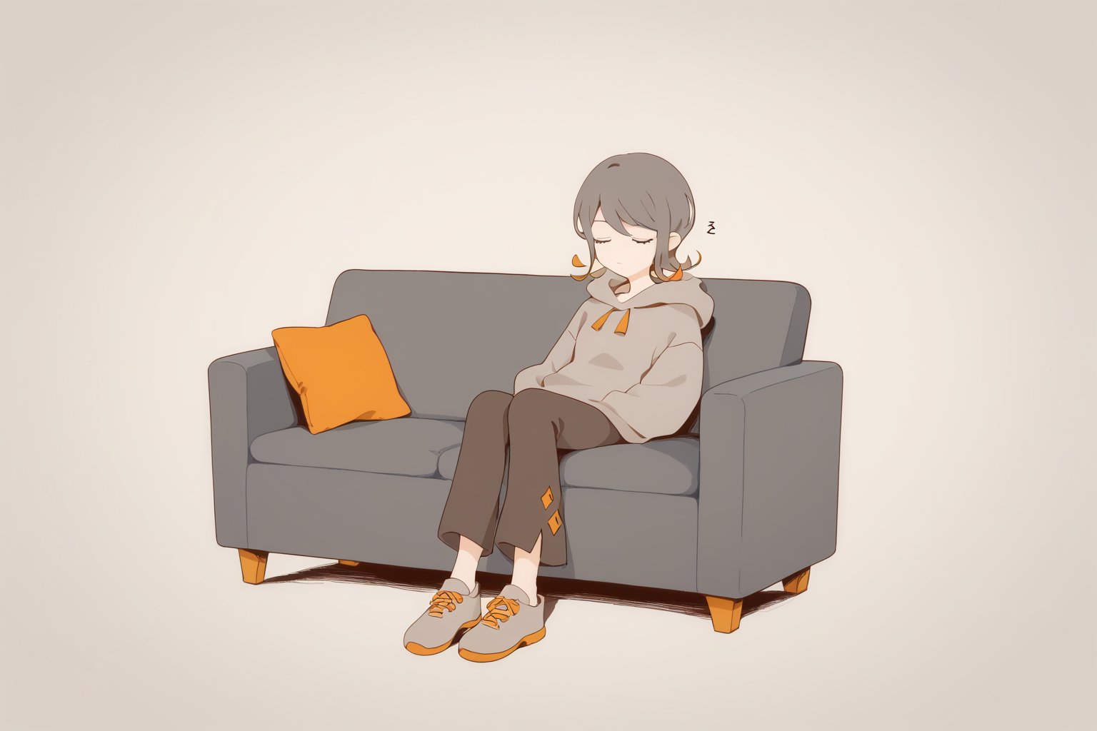 score_9_up,score_8_up, source_anime,spot_colors,solo,1girl,short-hair,multicolor_hair,two-tone-hair,grey_hair,orange_hair,bangs,Nira-Chan,brown_hair,full_body,grey_hoodie,pants,shoes,sitting,couch,grey_background,sleeping,closed_eyes
