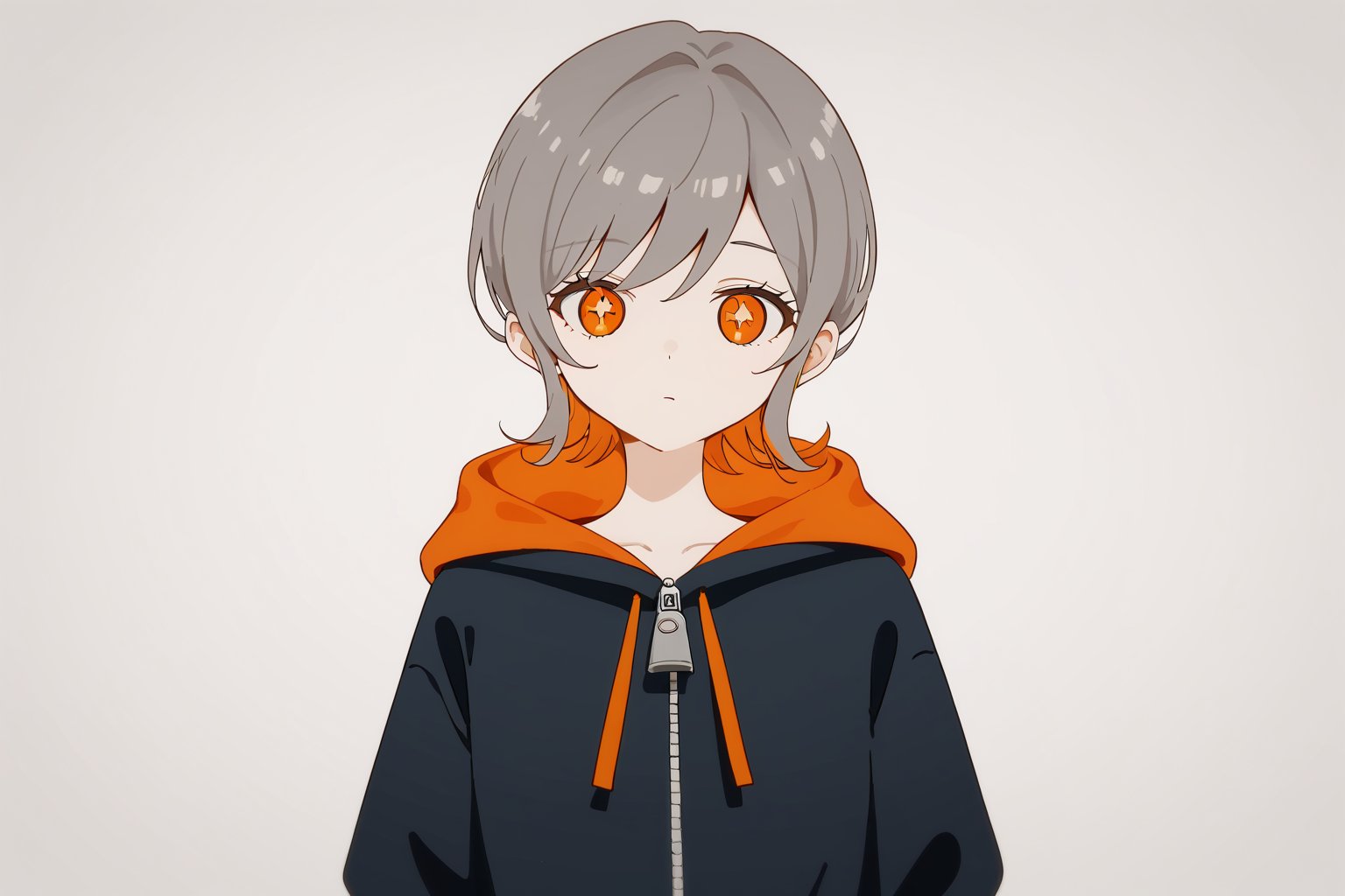 score_9_up,score_8_up, source_anime,spot_colors,solo,1girl,short-hair,white_background,multicolor_hair,two-tone-hair,gray_hair,orange_hair, orange_eyes, hoodie,hood,hood_down,long_sleeves,bangs,simple_background,Nira-Chan,brown_hair,only_zipper_pull