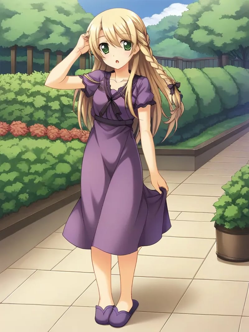 <lora:mizukisenapony:1>,1girl, solo, senaingoku, long hair, blonde hair, braid, green eyes, purple dress, slippers, outdoors, garden, one hand on hair, open mouth, parted lips, full body,