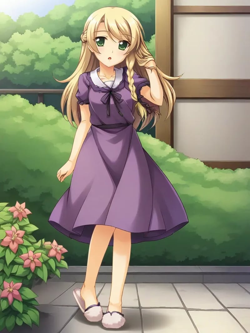 <lora:mizukisenapony:1>,1girl, solo, senaingoku, long hair, blonde hair, braid, green eyes, purple dress, slippers, outdoors, garden, one hand on hair, open mouth, parted lips, full body,