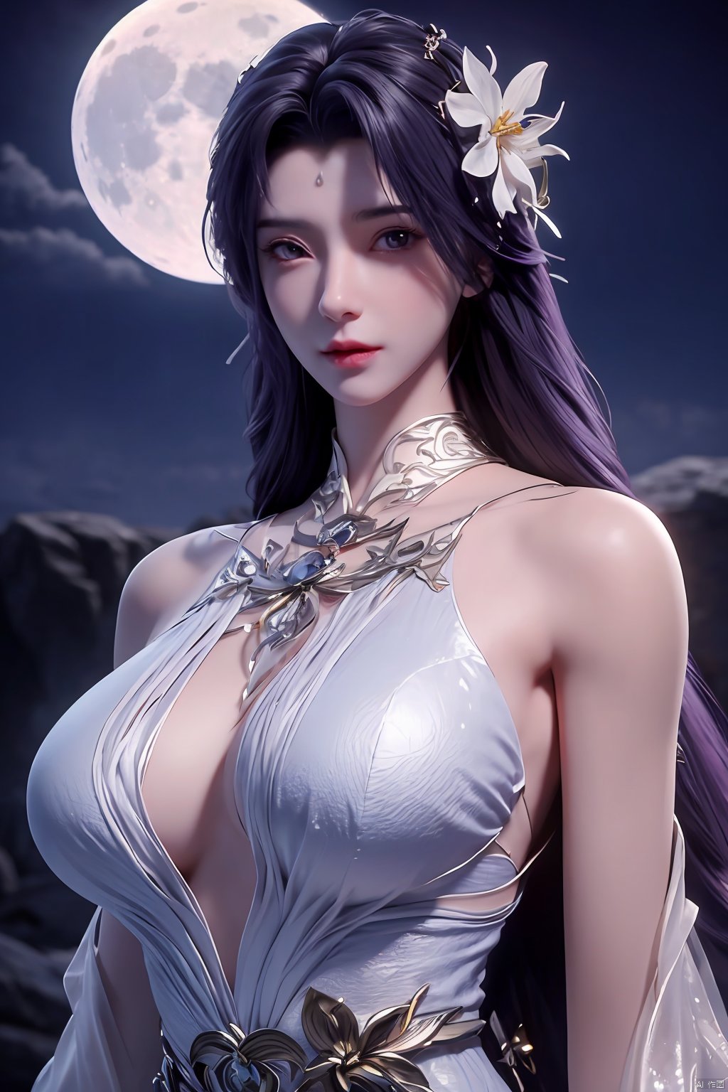 masterpiece, best quality,1girl, hair ornament, solo, long hair, realistic, flower,perfect body,xyunxi,full moon, octane render, (big breasts:1.29),x-hydrangea, desert_sky,xhuolinger,xyunluo,moyou, blind box effect