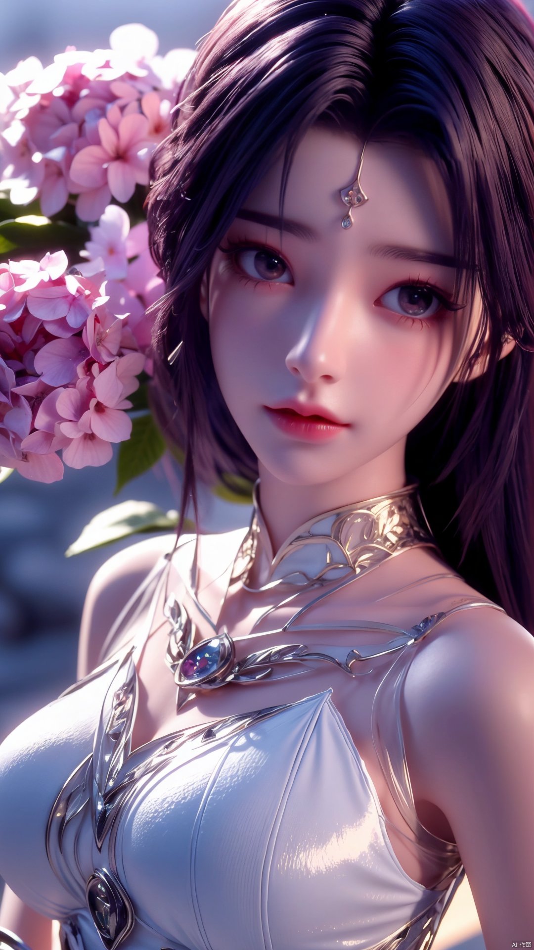 masterpiece, best quality,1girl, hair ornament, solo, long hair, blurry background, realistic, flower,perfect body, blurry, closed mouth, lips,xyunxi,full moon, octane render, (big breasts:1.29),x-hydrangea, desert_sky,xhuolinger,xyunluo