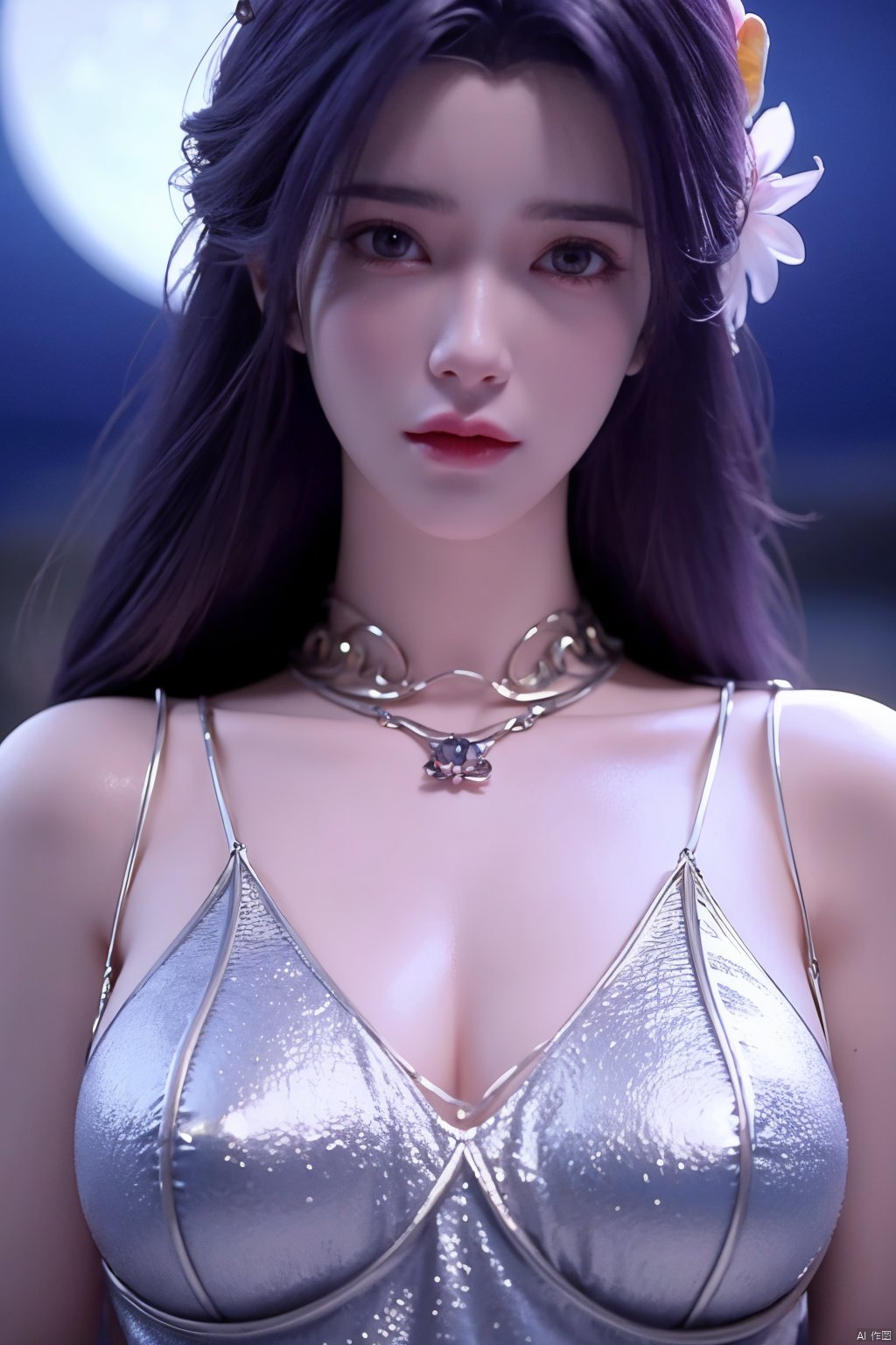 masterpiece, best quality,1girl, hair ornament, solo, long hair, blurry background, realistic, flower,upper body, blurry, closed mouth, lips,xyunxi,full moon, octane render, (big breasts:1.29),