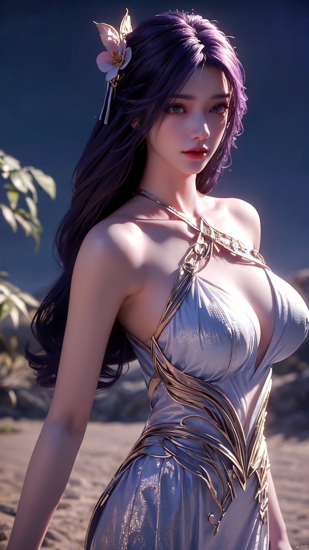 masterpiece, best quality,1girl, hair ornament, solo, long hair, blurry background, realistic, flower,perfect body, blurry, closed mouth, lips,xyunxi,full moon, octane render, (big breasts:1.29),x-hydrangea, desert_sky,xhuolinger,xyunluo,moyou