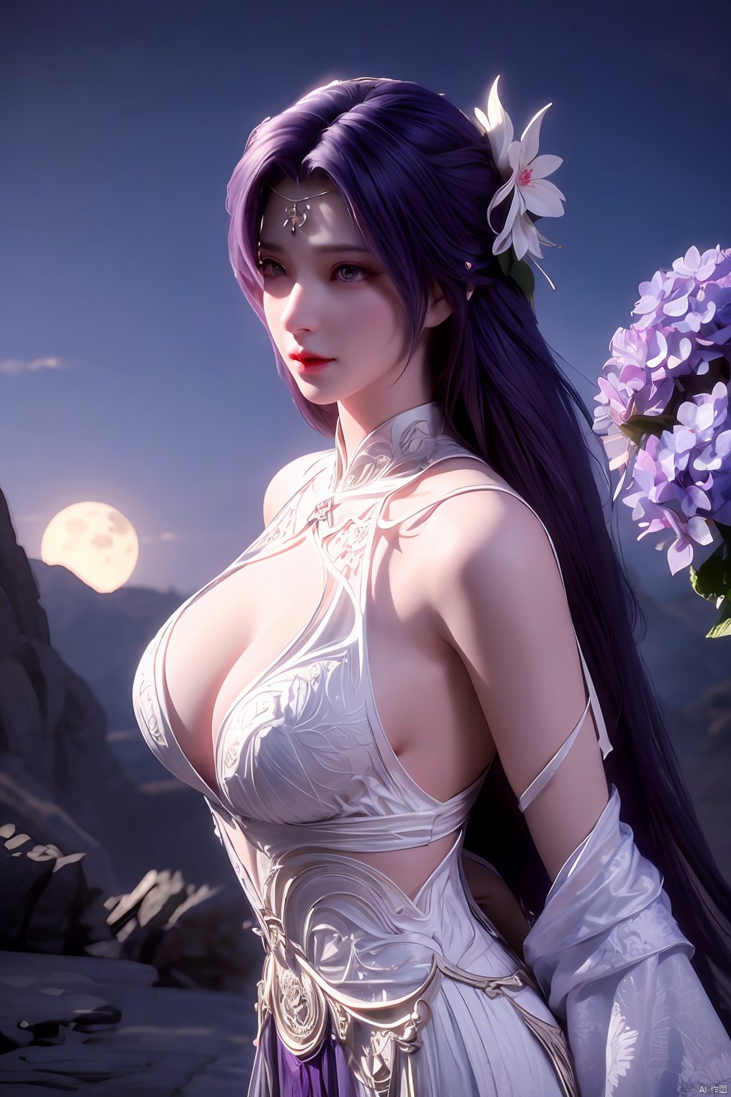 masterpiece, best quality,1girl, hair ornament, solo, long hair, realistic, flower,perfect body,xyunxi,full moon, octane render, (big breasts:1.29),x-hydrangea, desert_sky,xhuolinger,xyunluo,moyou, blind box effect