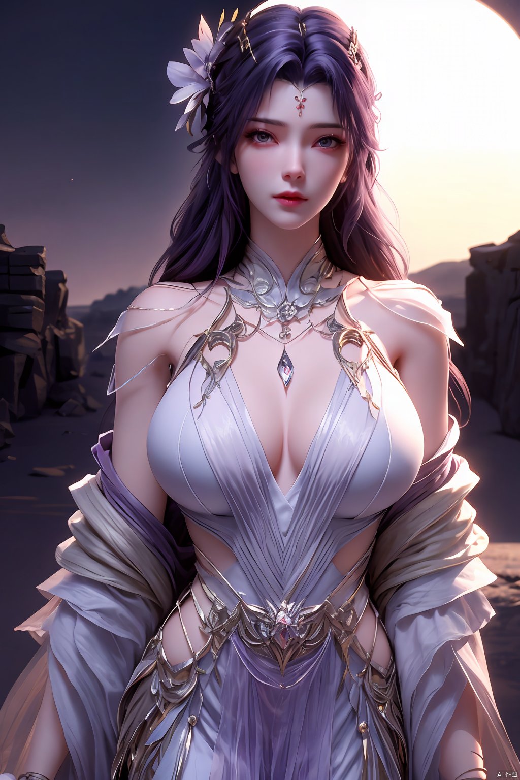 masterpiece, best quality,1girl, hair ornament, solo, long hair, realistic, flower,perfect body,xyunxi,full moon, octane render, (big breasts:1.29),x-hydrangea, desert_sky,xhuolinger,xyunluo,moyou