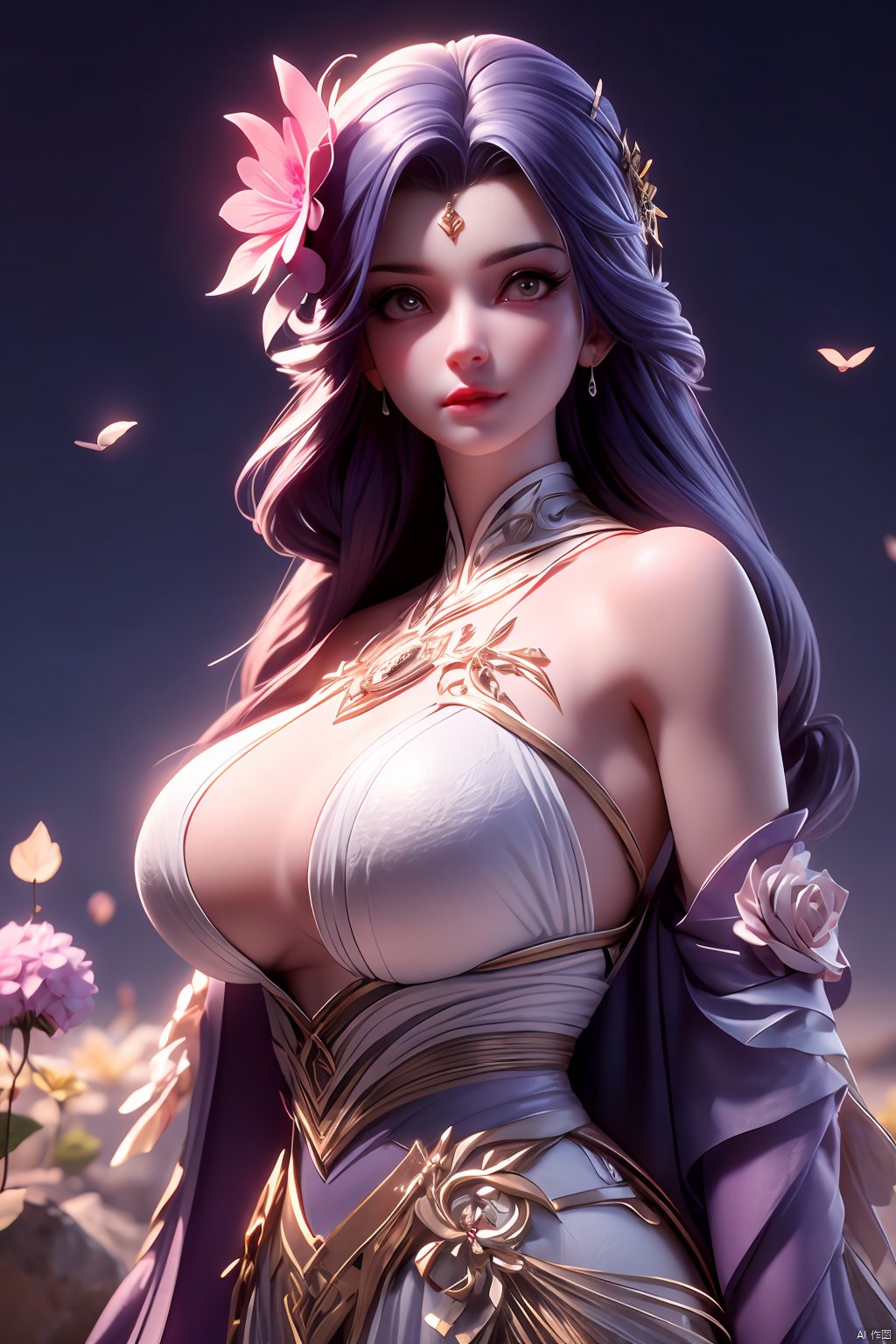 masterpiece, best quality,1girl, hair ornament, solo, long hair, realistic, flower,perfect body,xyunxi,full moon, octane render, (big breasts:1.29),x-hydrangea, desert_sky,xhuolinger,xyunluo,moyou, blind box effect