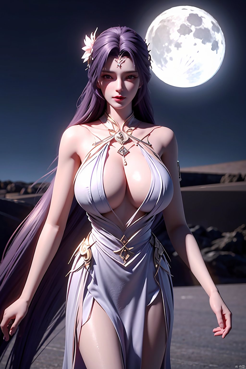 masterpiece, best quality,1girl, hair ornament, solo, long hair, realistic, flower,perfect body,xyunxi,full moon, octane render, (big breasts:1.29),x-hydrangea, desert_sky,xhuolinger,xyunluo,moyou, blind box effect