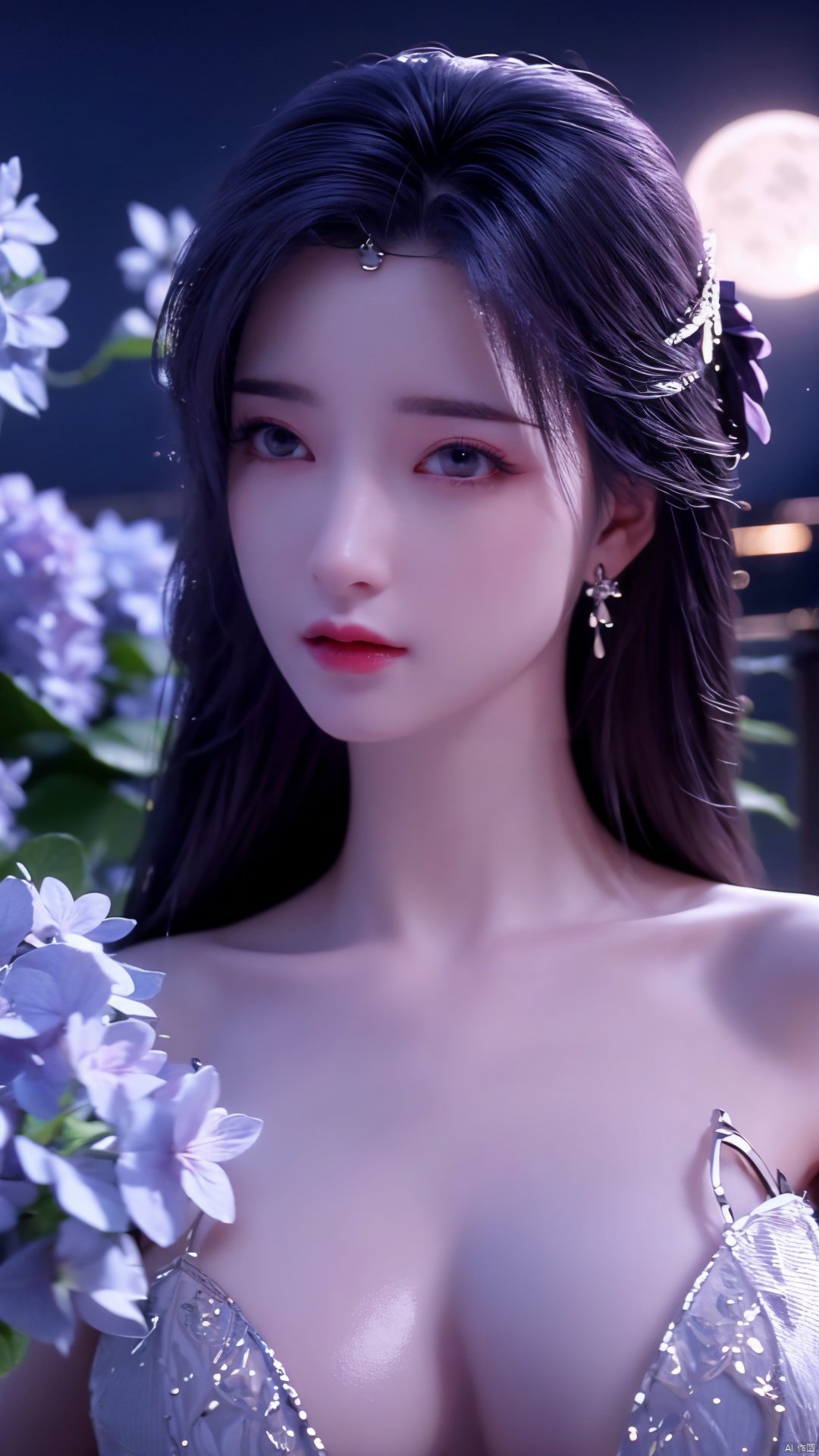 masterpiece, best quality,1girl, hair ornament, solo, long hair, blurry background, realistic, flower,perfect body, blurry, closed mouth, lips,xyunxi,full moon, octane render, (big breasts:1.29),x-hydrangea, desert_sky,xhuolinger,xyunluo,moyou