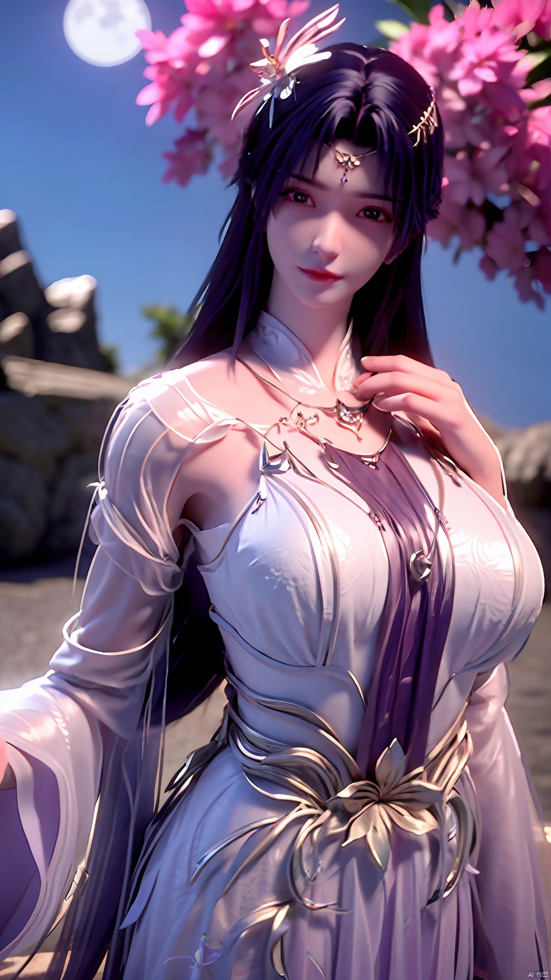 masterpiece, best quality,1girl, hair ornament, solo, long hair, blurry background, realistic, flower,perfect body, blurry, closed mouth, lips,xyunxi,full moon, octane render, (big breasts:1.29),x-hydrangea, desert_sky,xhuolinger,xyunluo,moyou