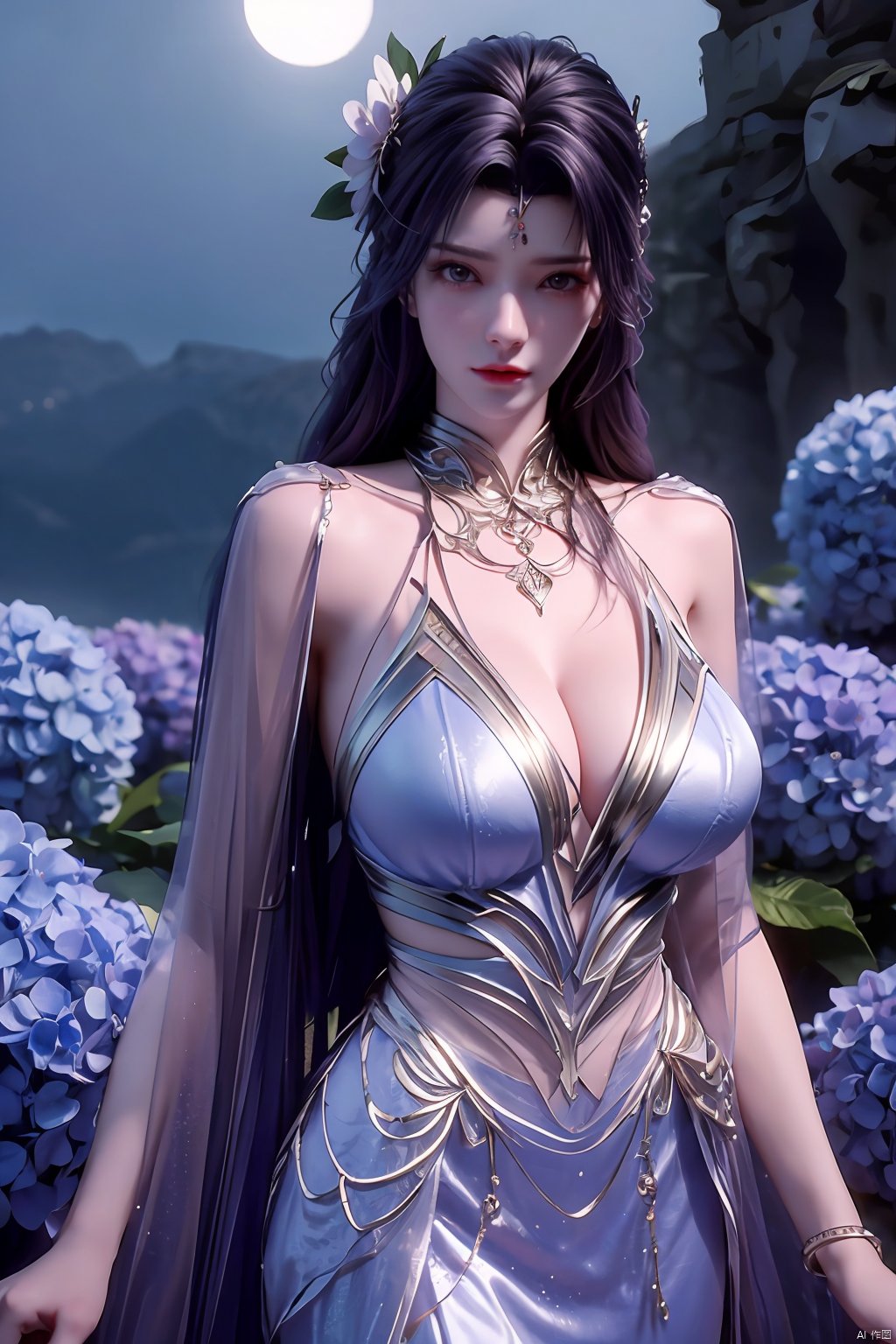 masterpiece, best quality,1girl, hair ornament, solo, long hair, realistic, flower,perfect body,xyunxi,full moon, octane render, (big breasts:1.29),x-hydrangea, desert_sky,xhuolinger,xyunluo,moyou, blind box effect