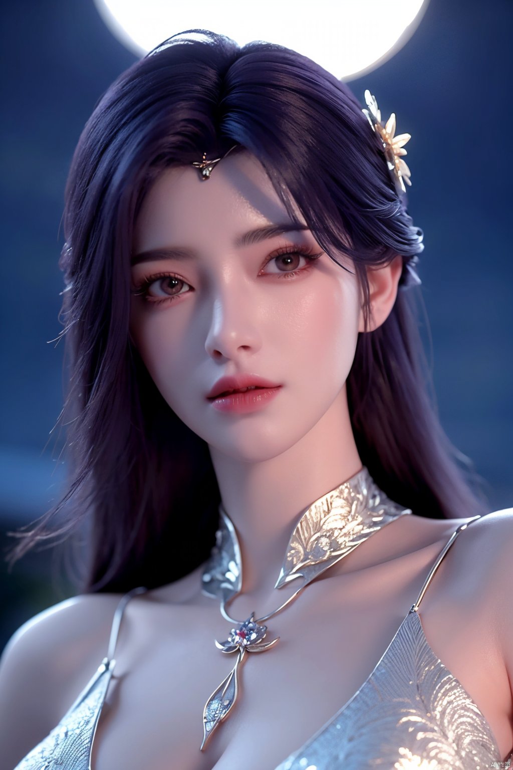 masterpiece, best quality,1girl, hair ornament, solo, long hair, blurry background, realistic, flower,upper body, blurry, closed mouth, lips,xyunxi,full moon, octane render, (big breasts:1.29),