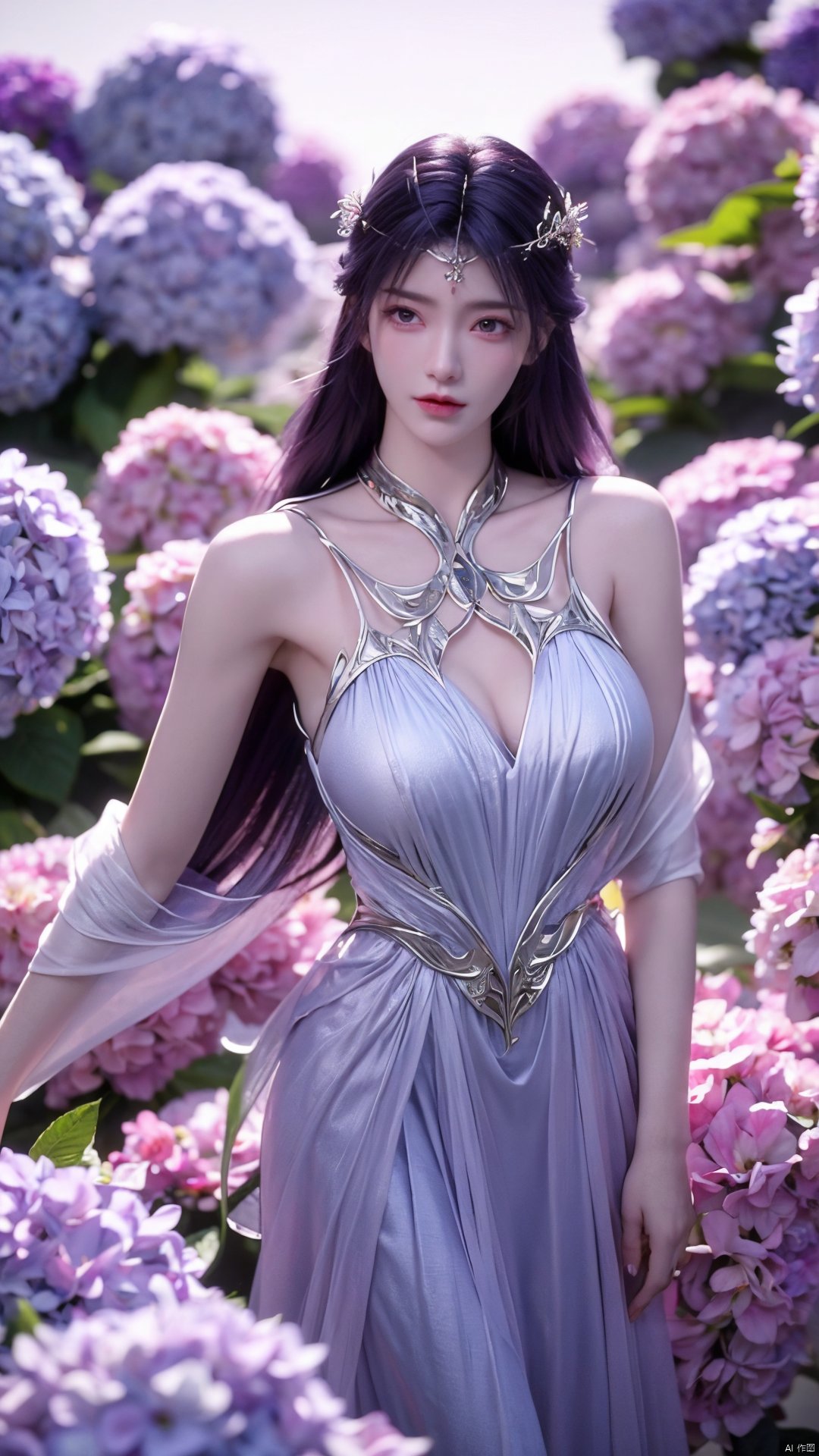 masterpiece, best quality,1girl, hair ornament, solo, long hair, blurry background, realistic, flower,full body, blurry, closed mouth, lips,xyunxi,full moon, octane render, (big breasts:1.29),x-hydrangea, desert_sky,xhuolinger,xyunluo