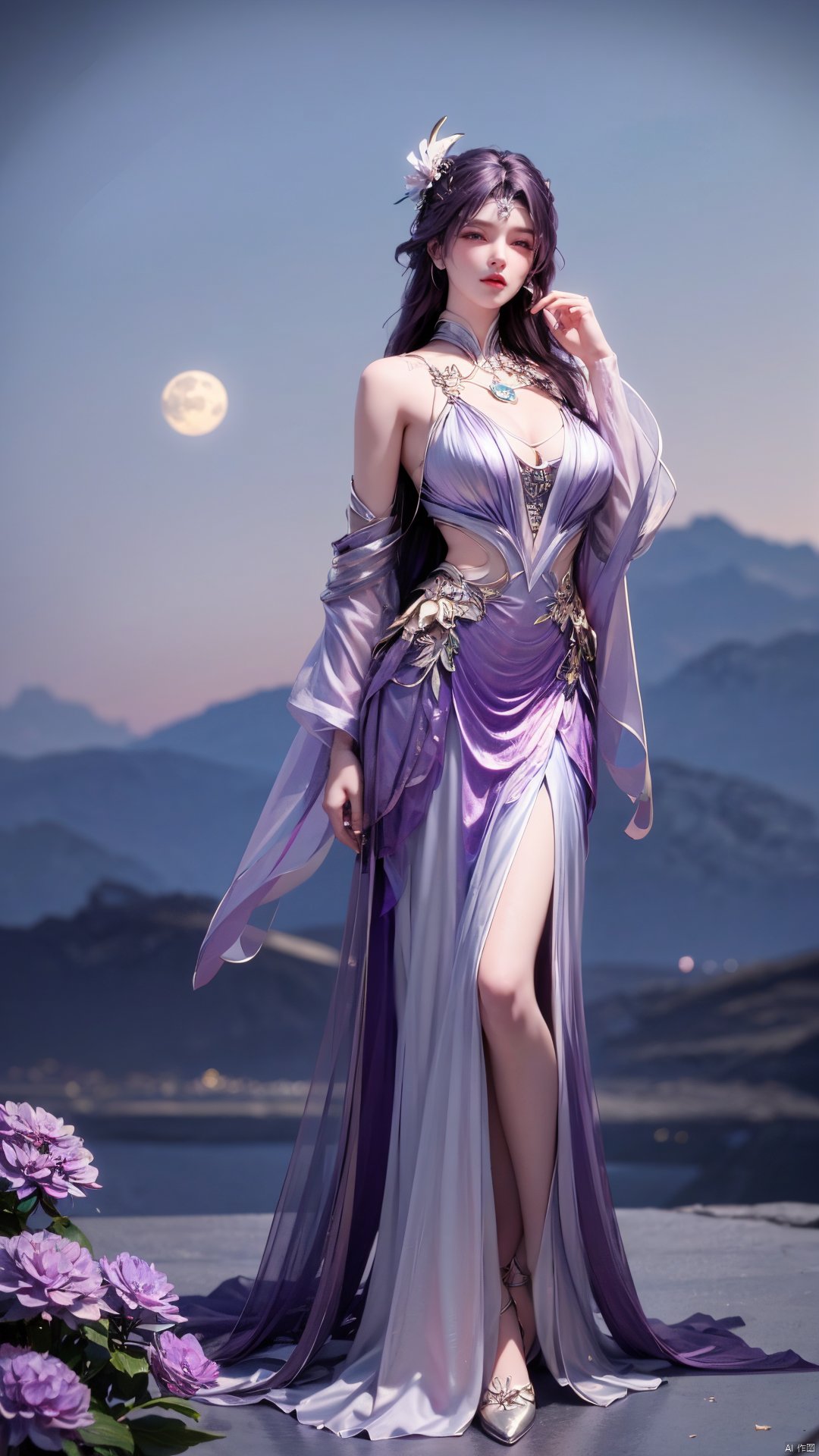 masterpiece, best quality,1girl, hair ornament, solo, long hair, blurry background, realistic, flower,full body, blurry, closed mouth, lips,xyunxi,full moon, octane render, (big breasts:1.29),x-hydrangea, desert_sky,xhuolinger,xyunluo