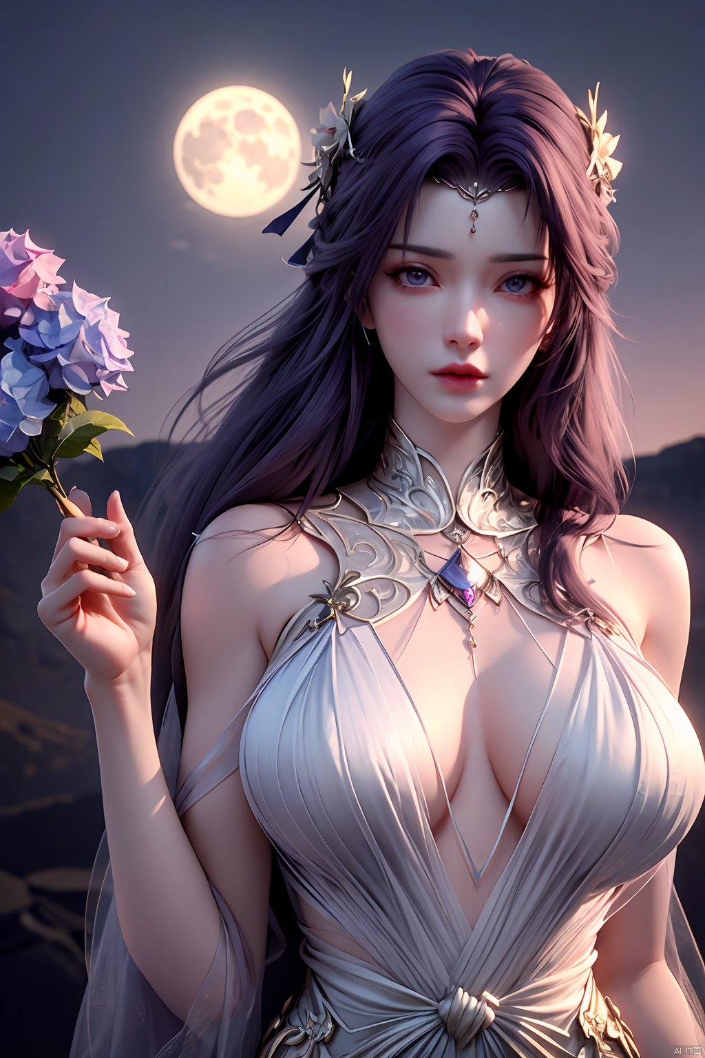 masterpiece, best quality,1girl, hair ornament, solo, long hair, realistic, flower,perfect body,xyunxi,full moon, octane render, (big breasts:1.29),x-hydrangea, desert_sky,xhuolinger,xyunluo,moyou