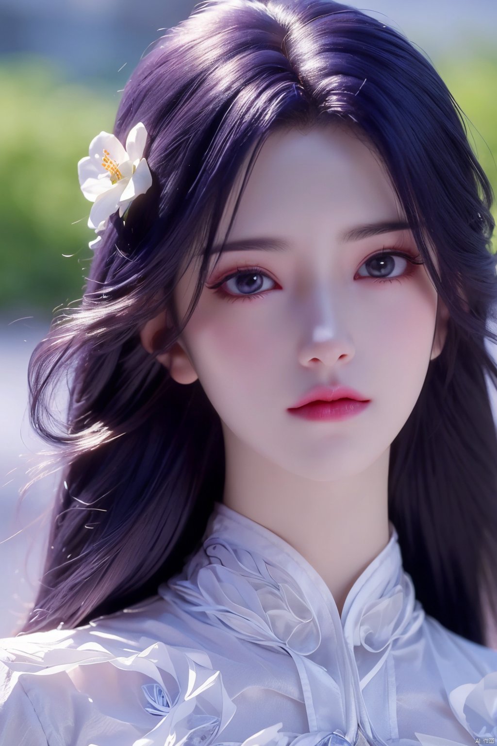 masterpiece, best quality,1girl, hair ornament, solo, long hair, blurry background, realistic, flower,upper body, blurry, closed mouth, lips,xyunxi