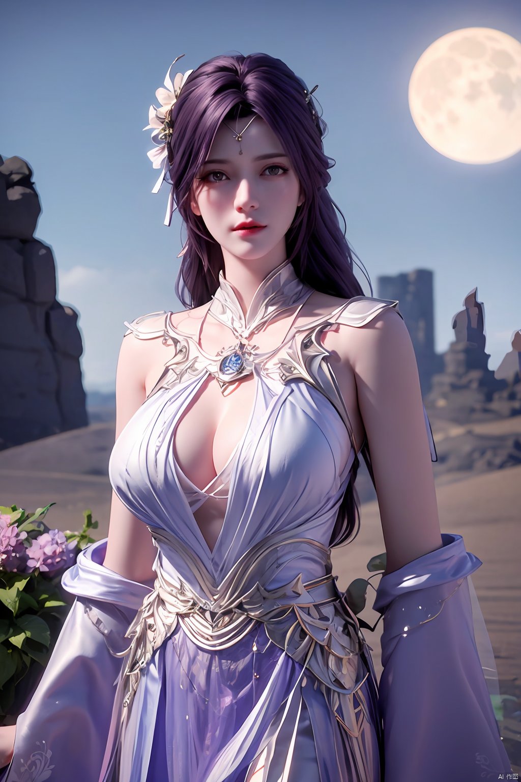 masterpiece, best quality,1girl, hair ornament, solo, long hair, realistic, flower,perfect body,xyunxi,full moon, octane render, (big breasts:1.29),x-hydrangea, desert_sky,xhuolinger,xyunluo,moyou