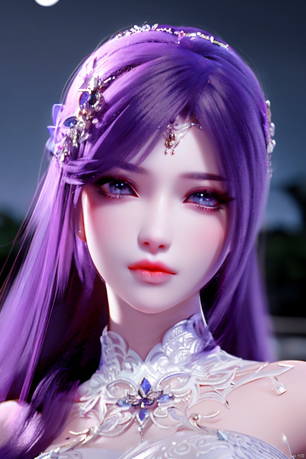 masterpiece, best quality,1girl, hair ornament, solo, long hair, blurry background, realistic, flower,upper body, blurry, closed mouth, lips,xyunxi,full moon, octane render