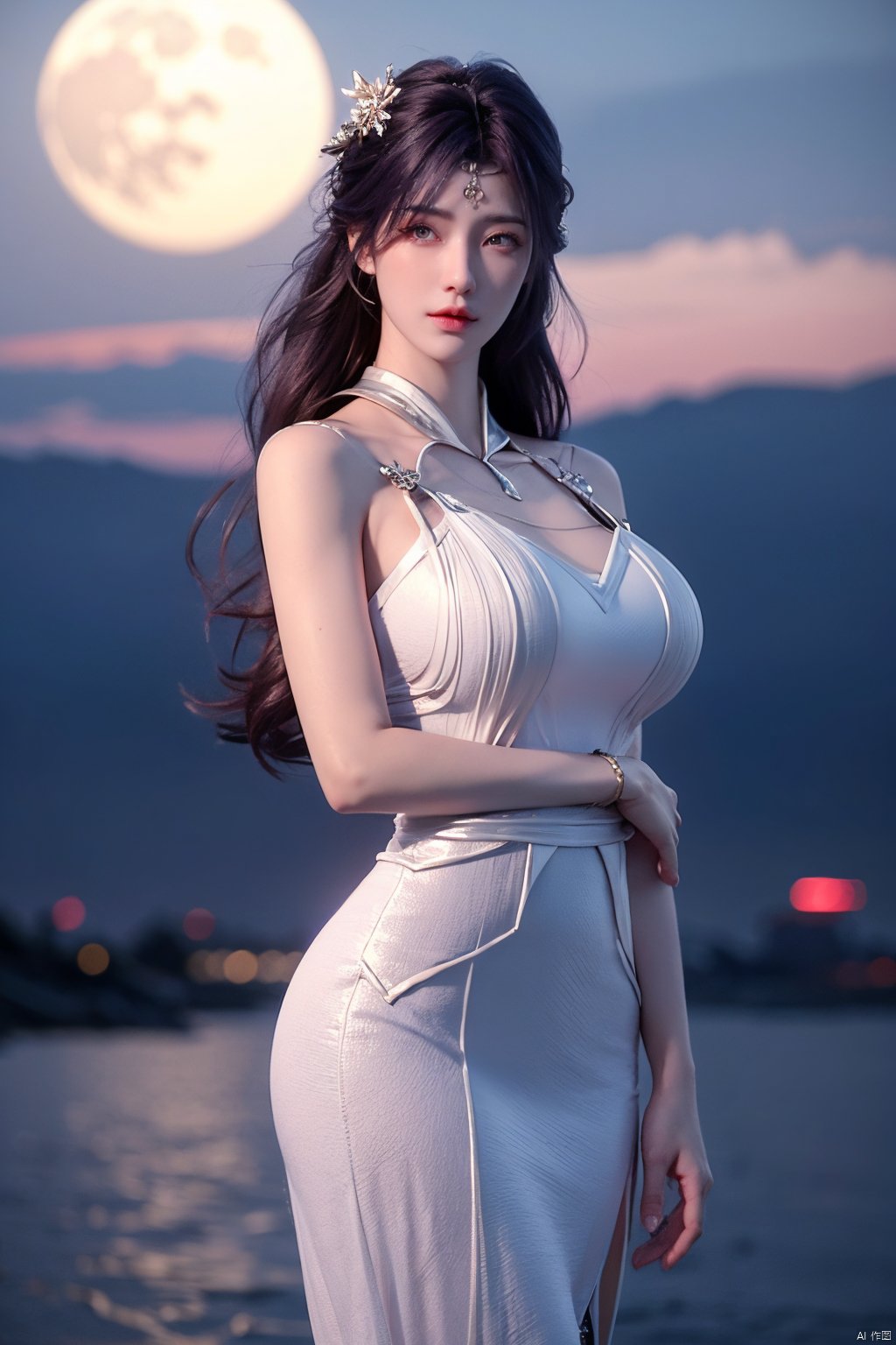 masterpiece, best quality,1girl, hair ornament, solo, long hair, blurry background, realistic, flower,full body, blurry, closed mouth, lips,xyunxi,full moon, octane render, (big breasts:1.29),