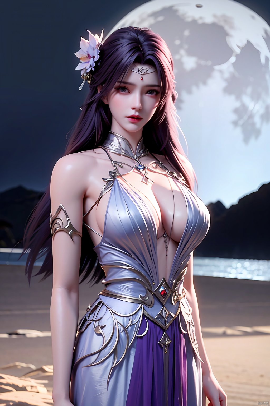 masterpiece, best quality,1girl, hair ornament, solo, long hair, realistic, flower,perfect body,xyunxi,full moon, octane render, (big breasts:1.29),x-hydrangea, desert_sky,xhuolinger,xyunluo,moyou