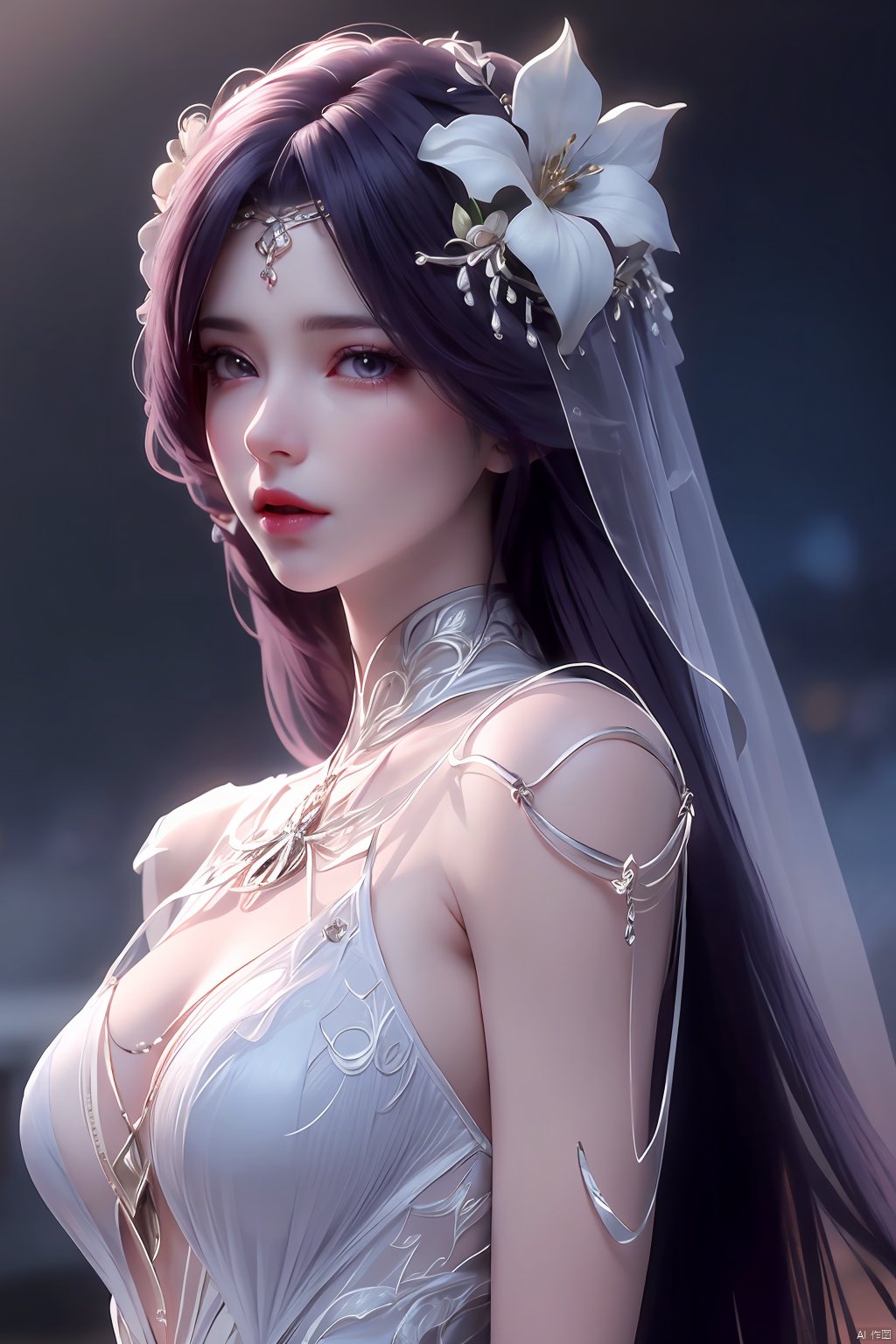 masterpiece, best quality,1girl, hair ornament, solo, long hair, brown hair, blurry background, realistic, flower, white dress, dress, upper body, blurry, closed mouth, lips,xyunxi