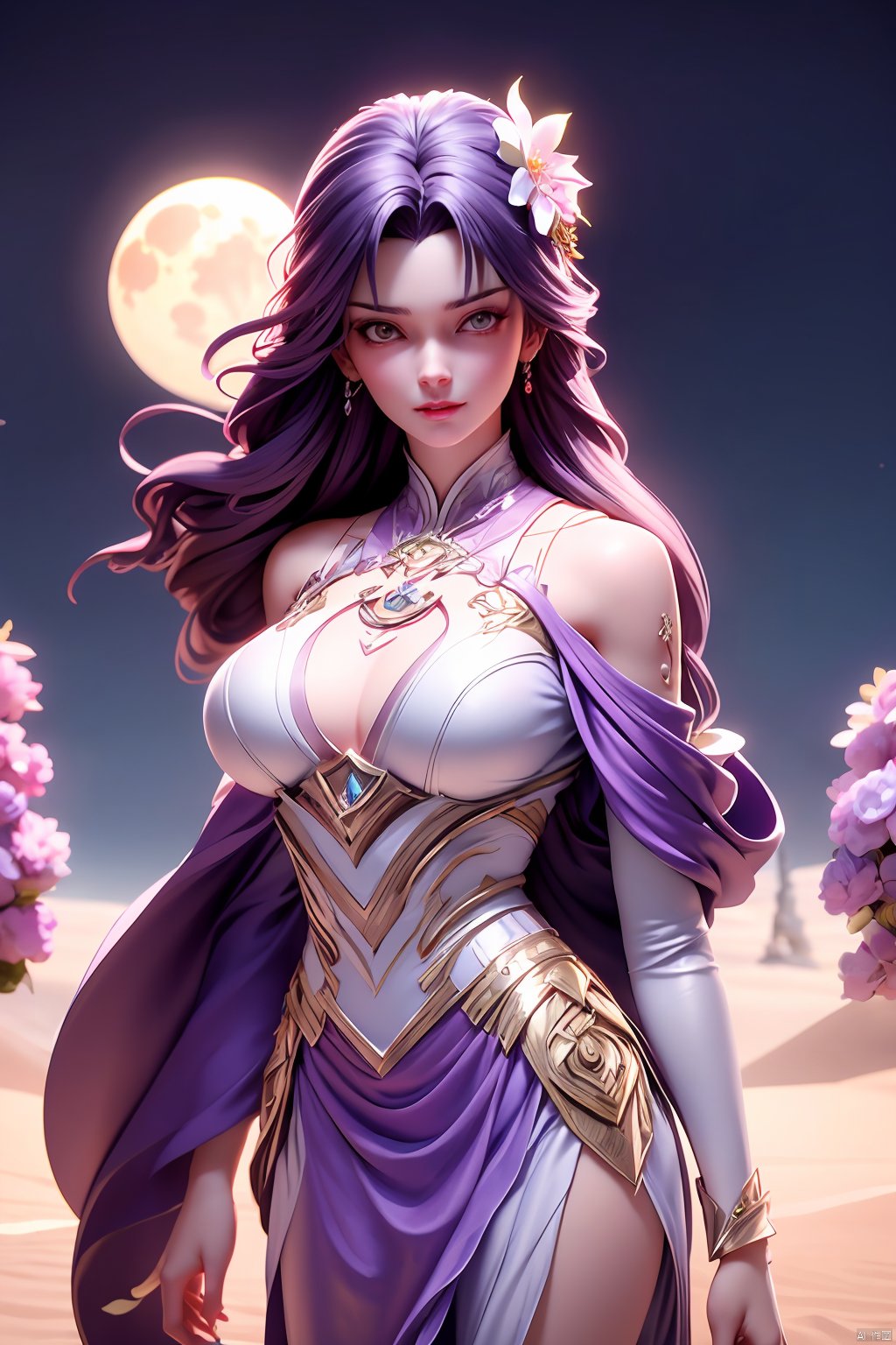 masterpiece, best quality,1girl, hair ornament, solo, long hair, realistic, flower,perfect body,xyunxi,full moon, octane render, (big breasts:1.29),x-hydrangea, desert_sky,xhuolinger,xyunluo,moyou, blind box effect