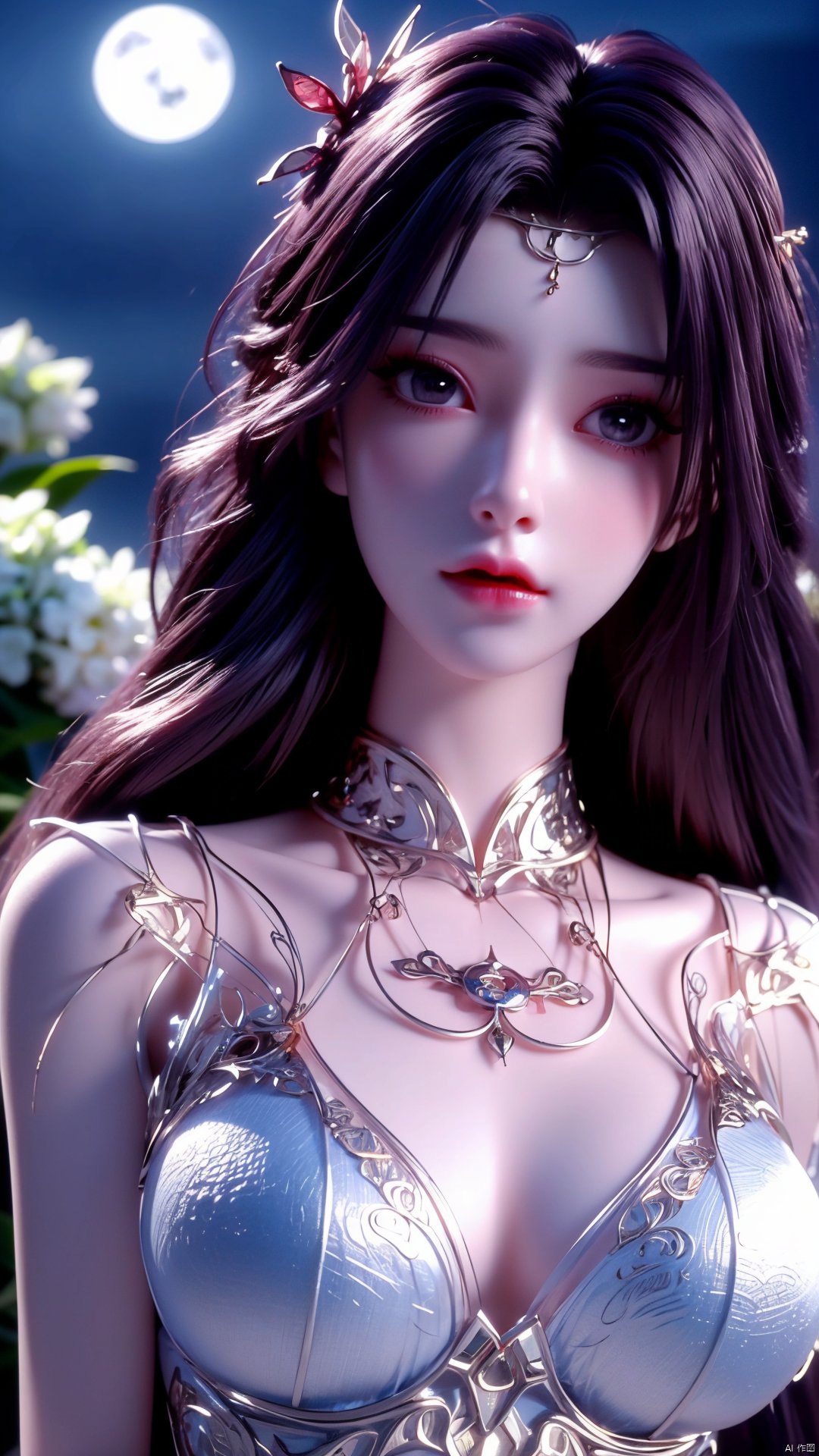 masterpiece, best quality,1girl, hair ornament, solo, long hair, blurry background, realistic, flower,full body, blurry, closed mouth, lips,xyunxi,full moon, octane render, (big breasts:1.29),x-hydrangea, desert_sky,xhuolinger,xyunluo