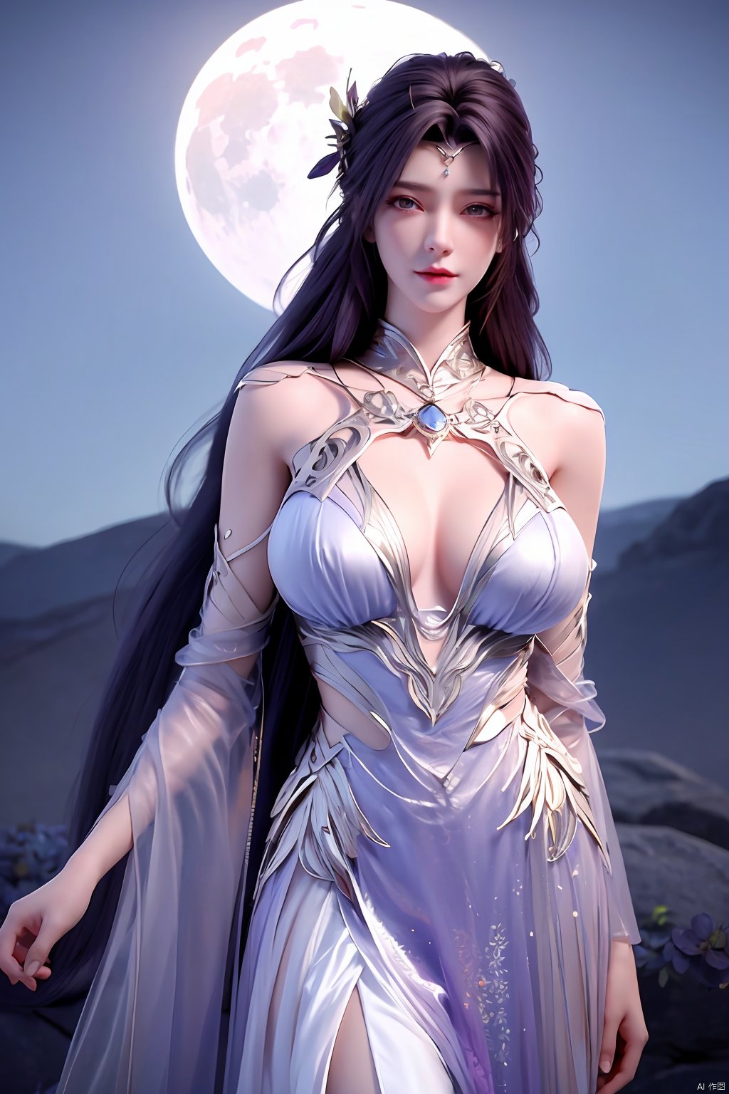 masterpiece, best quality,1girl, hair ornament, solo, long hair, realistic, flower,perfect body,xyunxi,full moon, octane render, (big breasts:1.29),x-hydrangea, desert_sky,xhuolinger,xyunluo,moyou