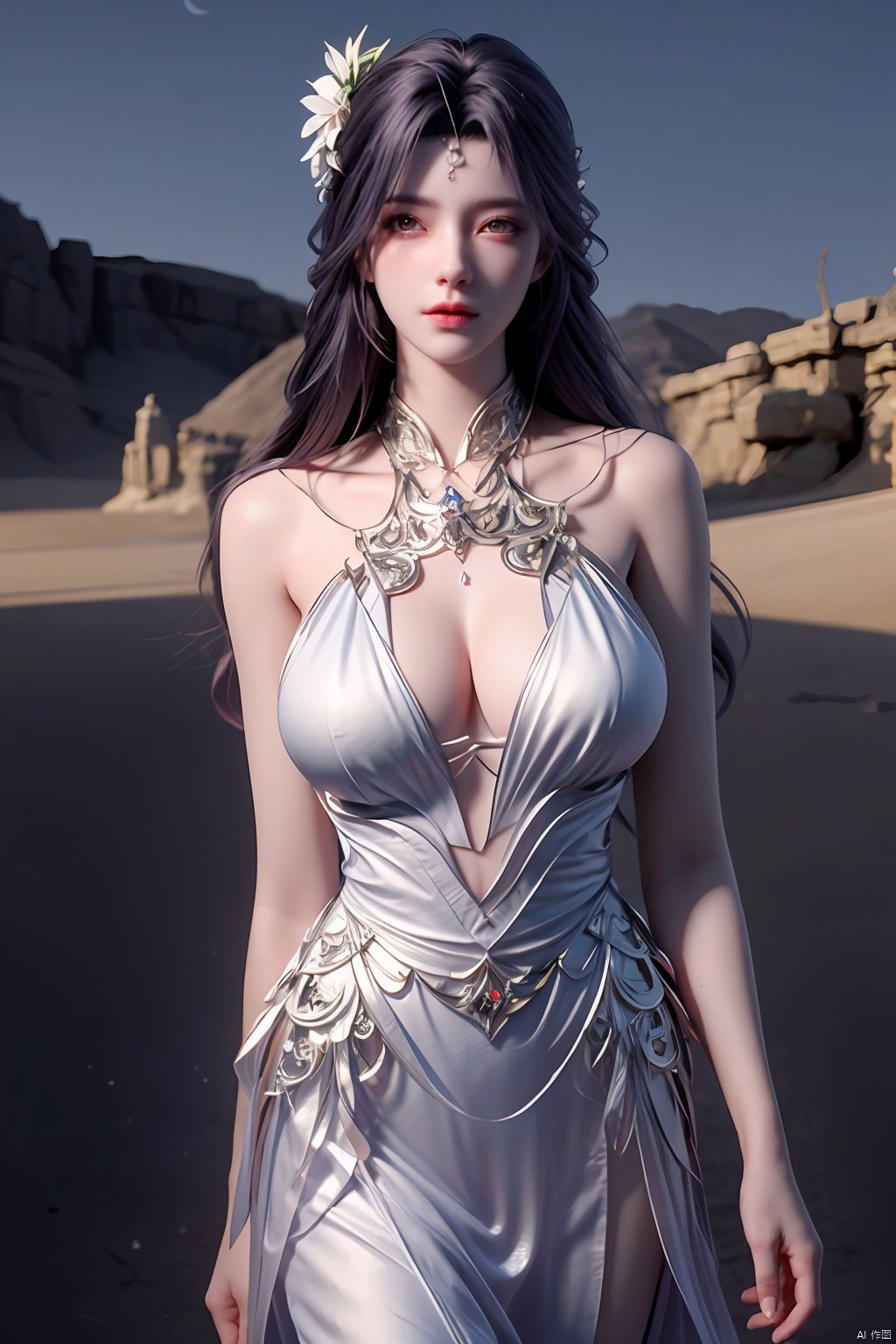 masterpiece, best quality,1girl, hair ornament, solo, long hair, realistic, flower,perfect body,xyunxi,full moon, octane render, (big breasts:1.29),x-hydrangea, desert_sky,xhuolinger,xyunluo,moyou