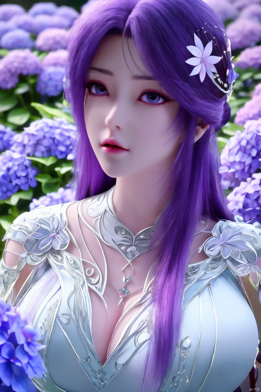 masterpiece, best quality,1girl, hair ornament, solo, long hair, purple hair, realistic, flower, upper body, , closed mouth, lips,Xyunxi,, (big breasts:1.39),depth of field,X-Hydrangea,xhuolinger,Xsulingyun, Yunxiao_Fairy,moyou