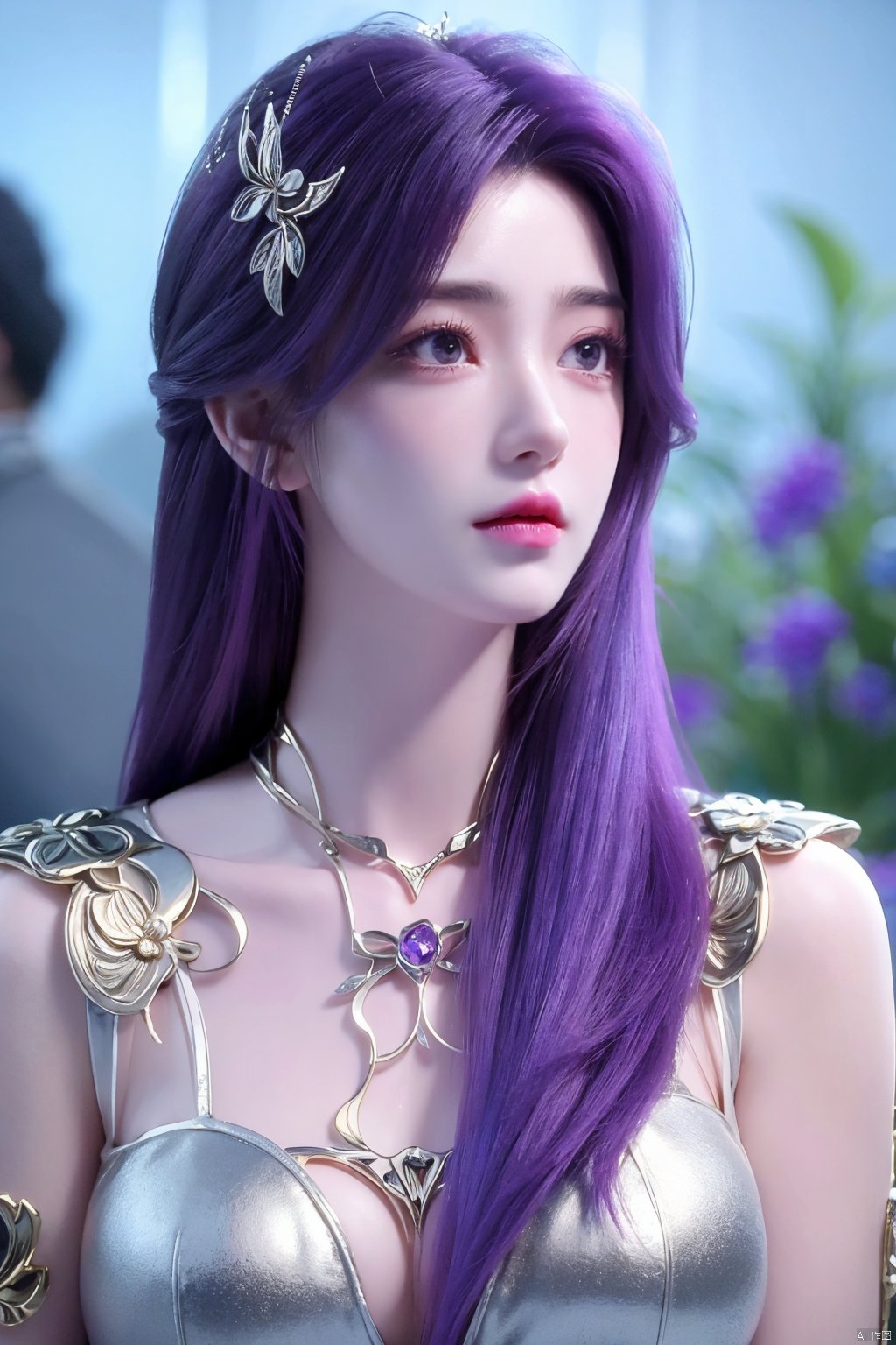 masterpiece, best quality,1girl, hair ornament, solo, long hair, purple hair, realistic, flower, upper body, , closed mouth, lips,Xyunxi,, (big breasts:1.29)