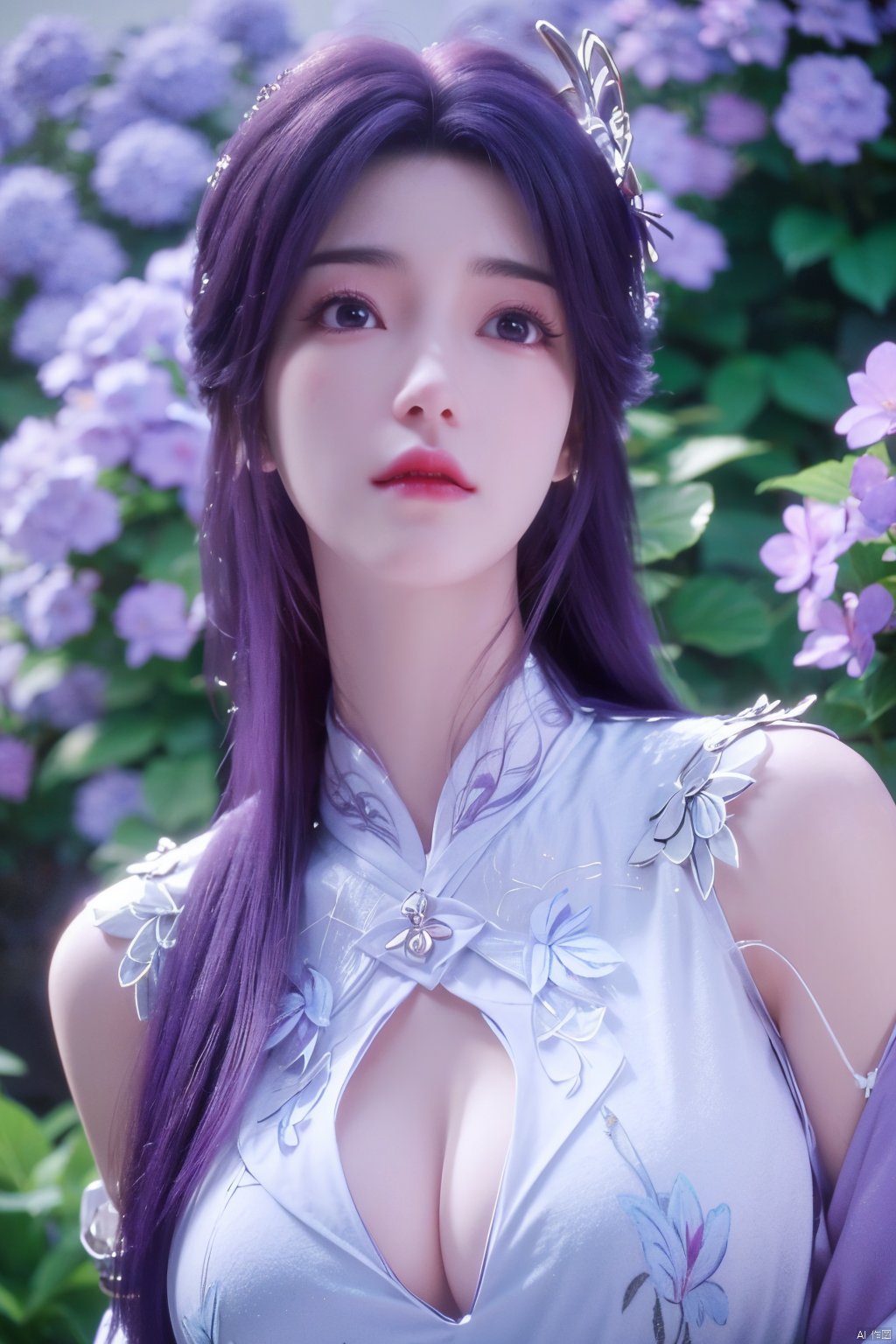 masterpiece, best quality,1girl, hair ornament, solo, long hair, purple hair, realistic, flower, upper body, , closed mouth, lips,Xyunxi,, (big breasts:1.39),depth of field,X-Hydrangea,xhuolinger,Xsulingyun, Yunxiao_Fairy,moyou