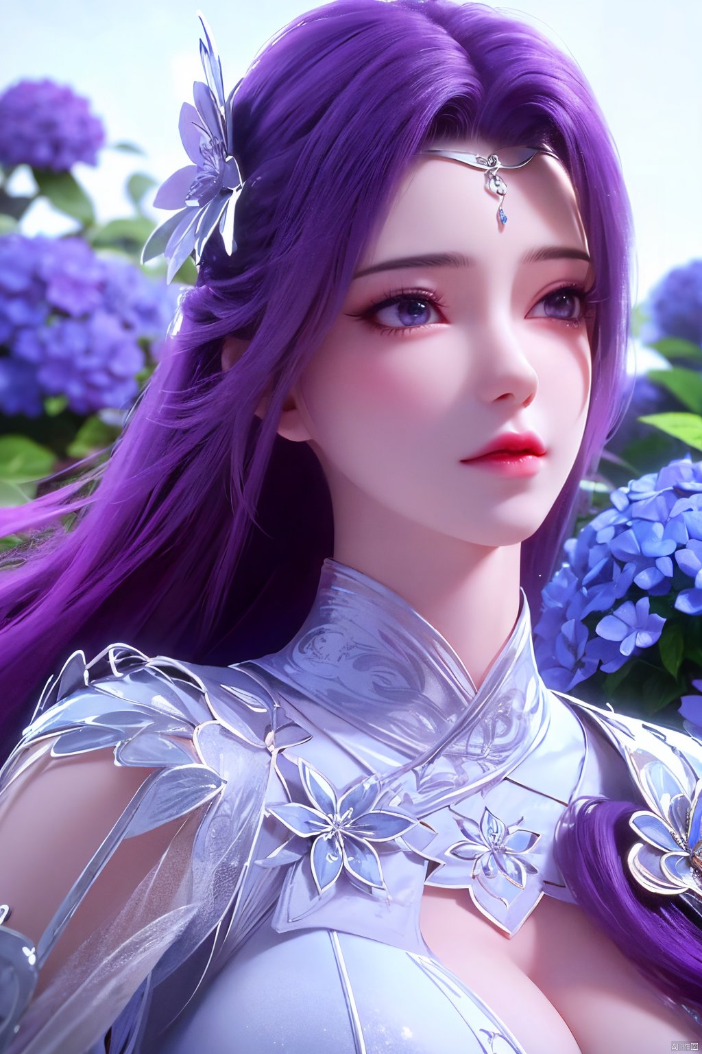 masterpiece, best quality,1girl, hair ornament, solo, long hair, purple hair, realistic, flower, upper body, , closed mouth, lips,Xyunxi,, (big breasts:1.39),depth of field,X-Hydrangea,xhuolinger,Xsulingyun, Yunxiao_Fairy