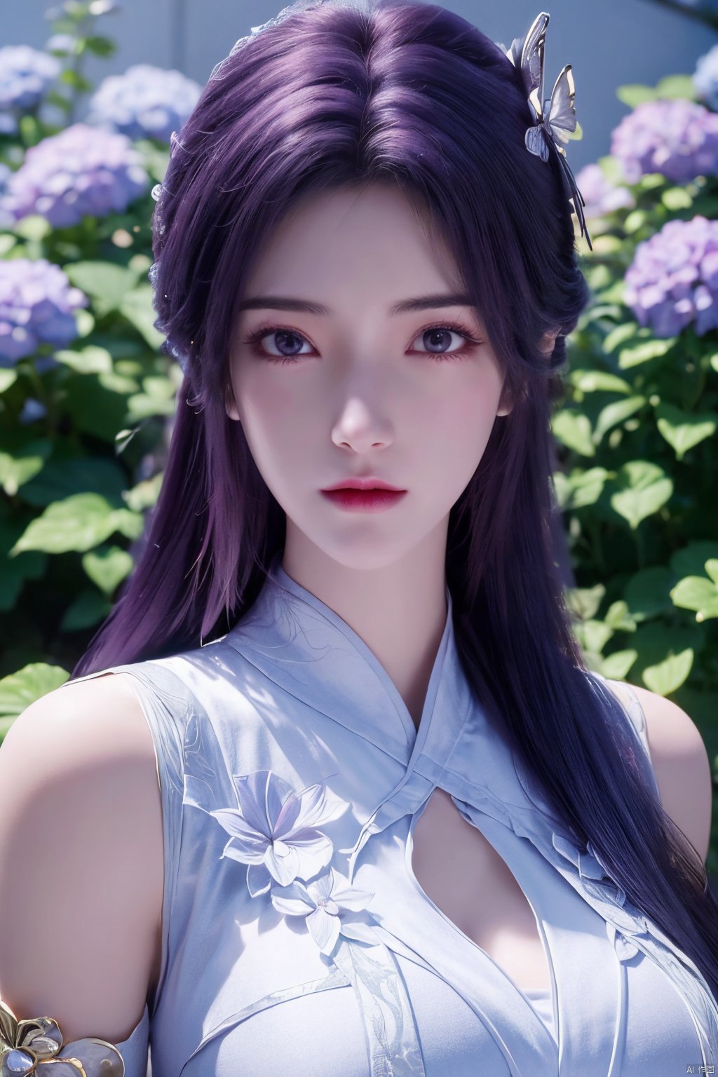 masterpiece, best quality,1girl, hair ornament, solo, long hair, purple hair, realistic, flower, upper body, , closed mouth, lips,Xyunxi,, (big breasts:1.39),depth of field,X-Hydrangea,xhuolinger,Xsulingyun, Yunxiao_Fairy,moyou