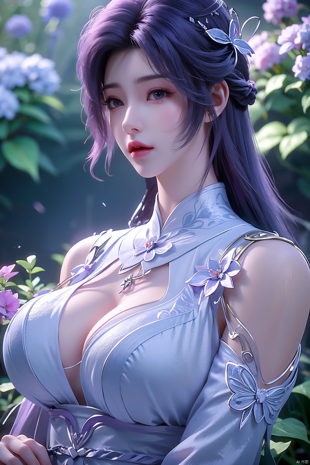 masterpiece, best quality,1girl, hair ornament, solo, long hair, purple hair, realistic, flower, upper body, , closed mouth, lips,Xyunxi,, (big breasts:1.39),depth of field,X-Hydrangea,xhuolinger,Xsulingyun, Yunxiao_Fairy,moyou