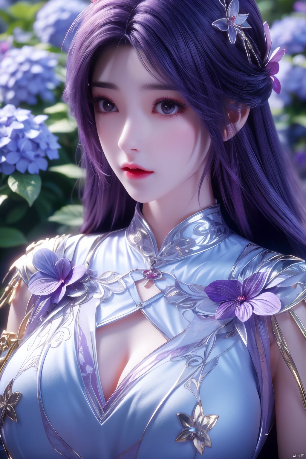 masterpiece, best quality,1girl, hair ornament, solo, long hair, purple hair, realistic, flower, upper body, , closed mouth, lips,Xyunxi,, (big breasts:1.39),depth of field,X-Hydrangea,xhuolinger,Xsulingyun, Yunxiao_Fairy