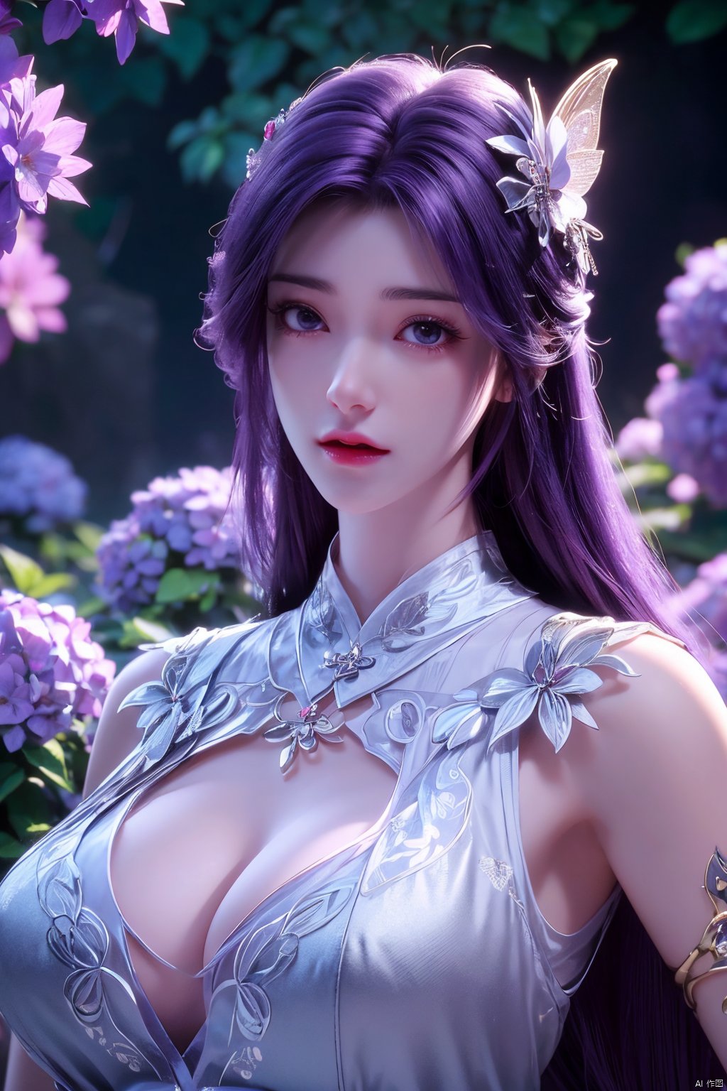 masterpiece, best quality,1girl, hair ornament, solo, long hair, purple hair, realistic, flower, upper body, , closed mouth, lips,Xyunxi,, (big breasts:1.39),depth of field,X-Hydrangea,xhuolinger,Xsulingyun, Yunxiao_Fairy