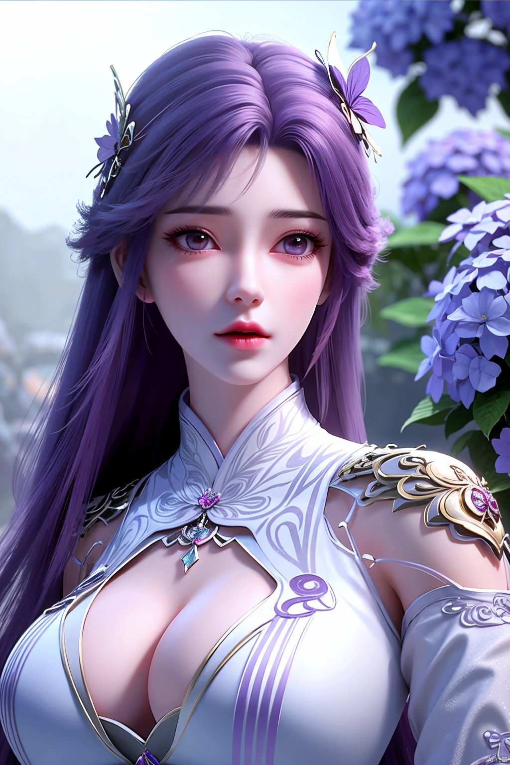 masterpiece, best quality,1girl, hair ornament, solo, long hair, purple hair, realistic, flower, upper body, , closed mouth, lips,Xyunxi,, (big breasts:1.39),depth of field,X-Hydrangea,xhuolinger,Xsulingyun, Yunxiao_Fairy,moyou