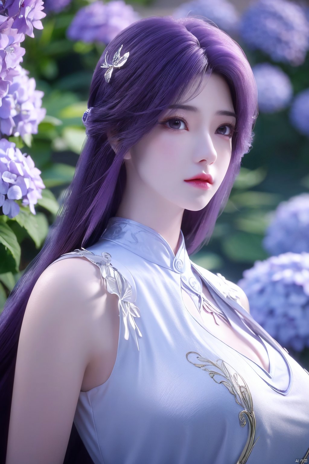 masterpiece, best quality,1girl, hair ornament, solo, long hair, purple hair, realistic, flower, upper body, , closed mouth, lips,Xyunxi,, (big breasts:1.39),depth of field,X-Hydrangea,xhuolinger,Xsulingyun, Yunxiao_Fairy