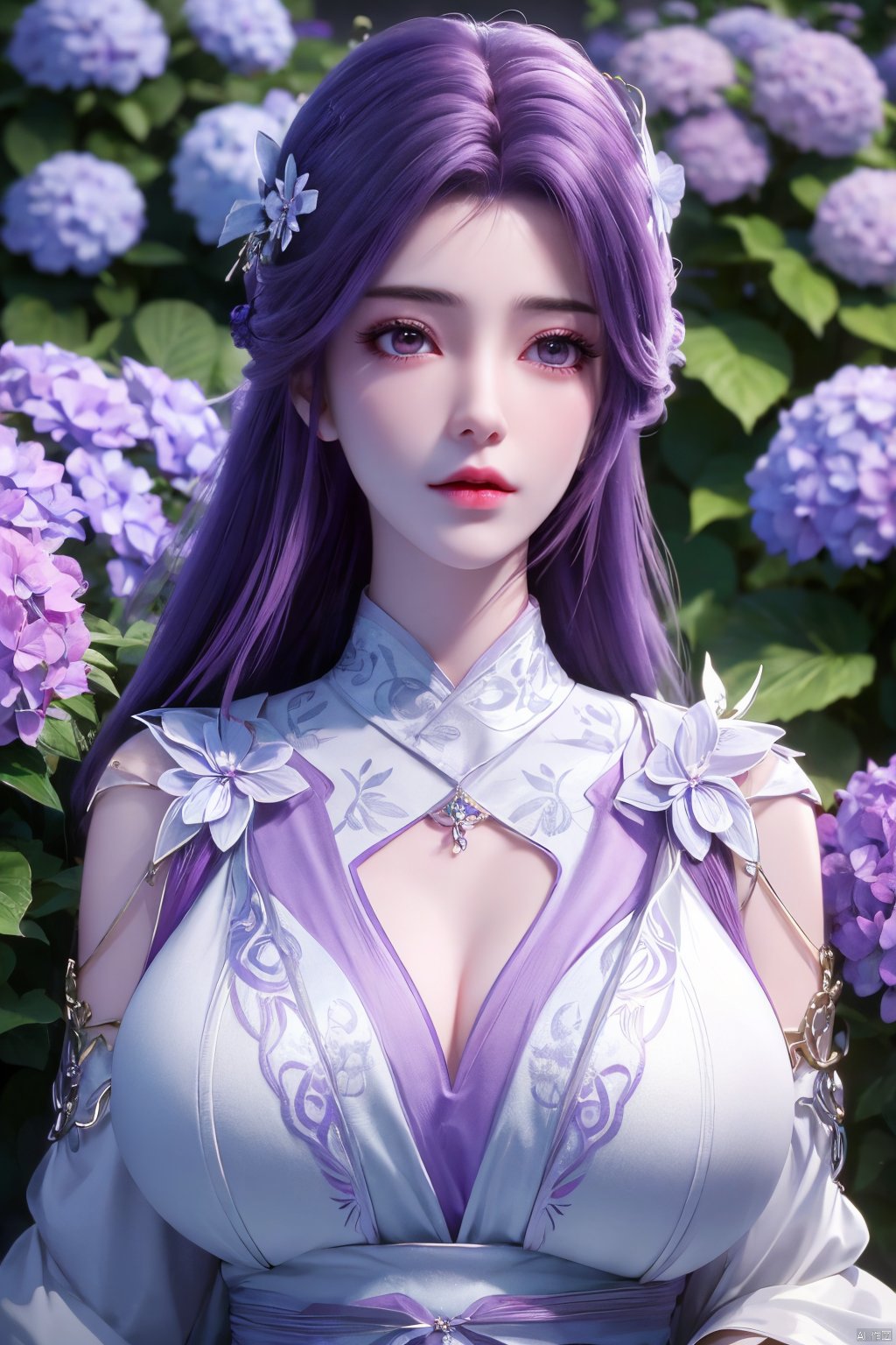 masterpiece, best quality,1girl, hair ornament, solo, long hair, purple hair, realistic, flower, upper body, , closed mouth, lips,Xyunxi,, (big breasts:1.39),depth of field,X-Hydrangea,xhuolinger,Xsulingyun, Yunxiao_Fairy,moyou