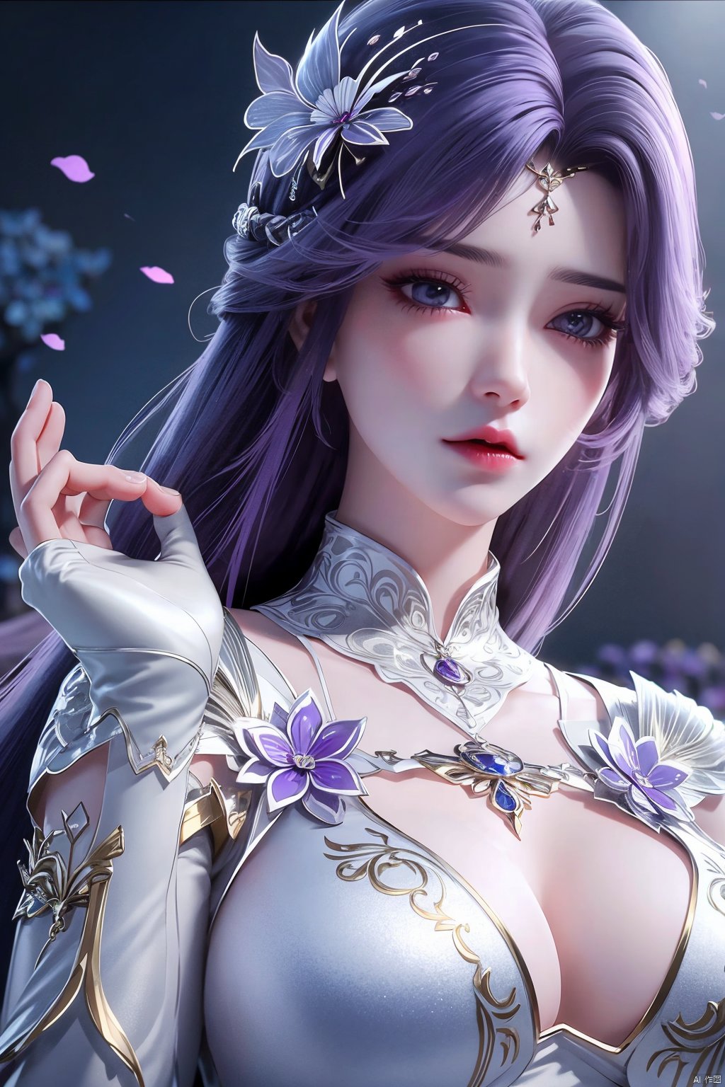 masterpiece, best quality,1girl, hair ornament, solo, long hair, purple hair, realistic, flower, upper body, , closed mouth, lips,Xyunxi,, (big breasts:1.29),depth of field