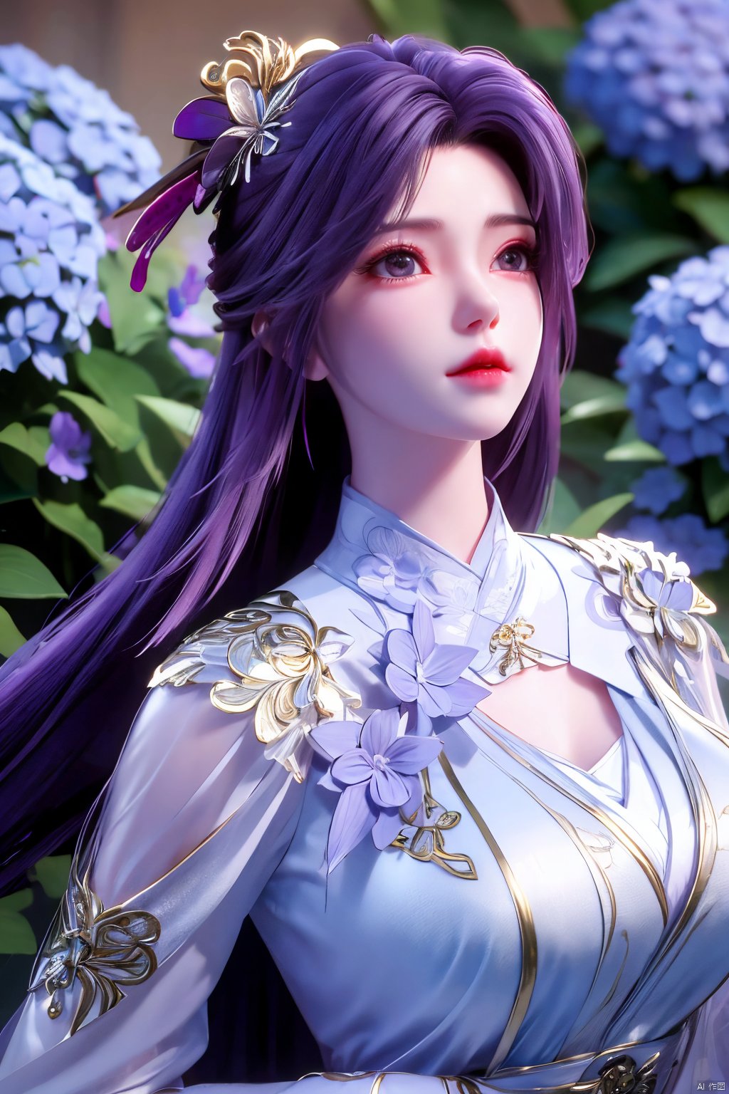 masterpiece, best quality,1girl, hair ornament, solo, long hair, purple hair, realistic, flower, upper body, , closed mouth, lips,Xyunxi,, (big breasts:1.29),depth of field,X-Hydrangea,xhuolinger,Xsulingyun, Yunxiao_Fairy