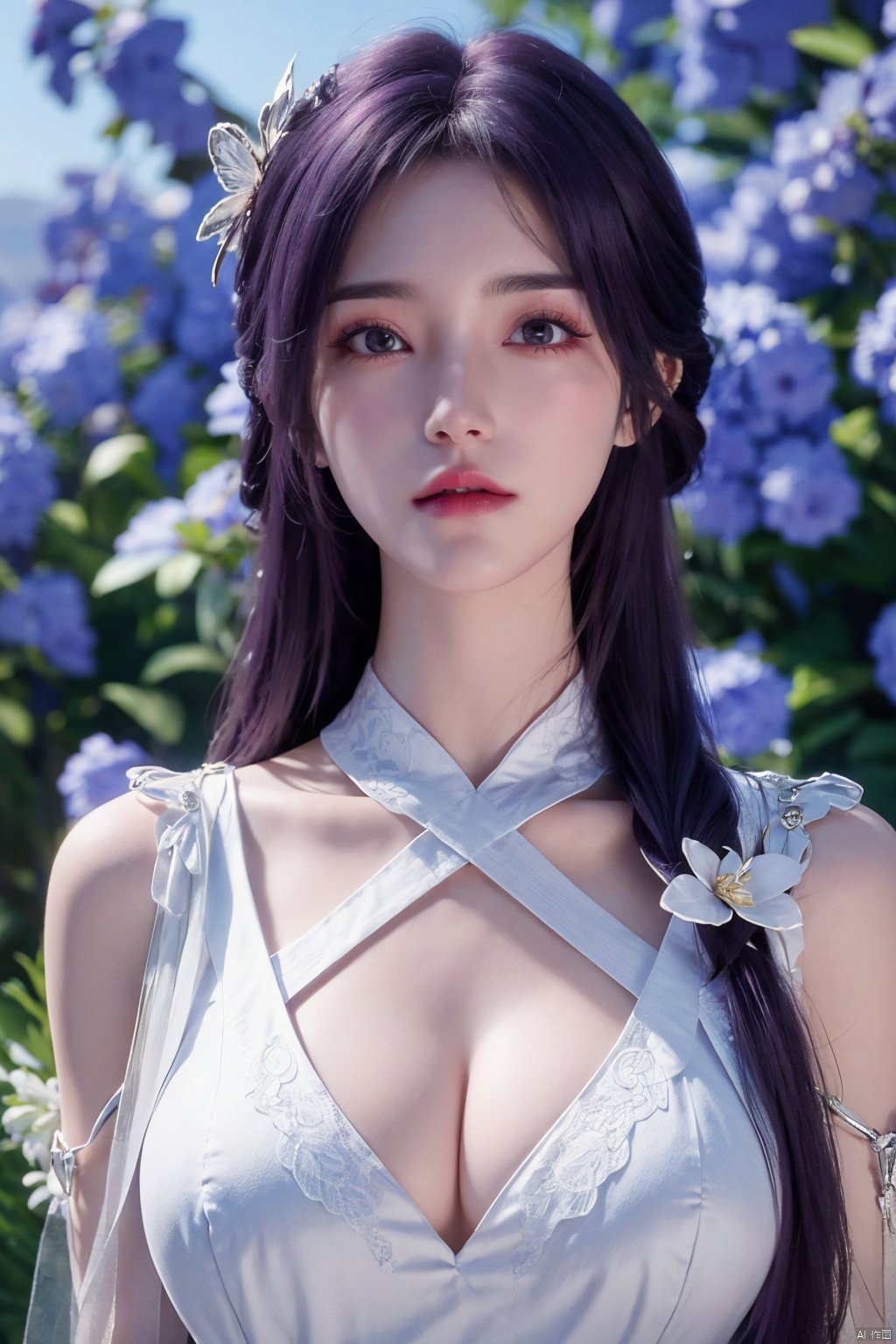 masterpiece, best quality,1girl, hair ornament, solo, long hair, purple hair, realistic, flower, upper body, , closed mouth, lips,Xyunxi,, (big breasts:1.29),depth of field