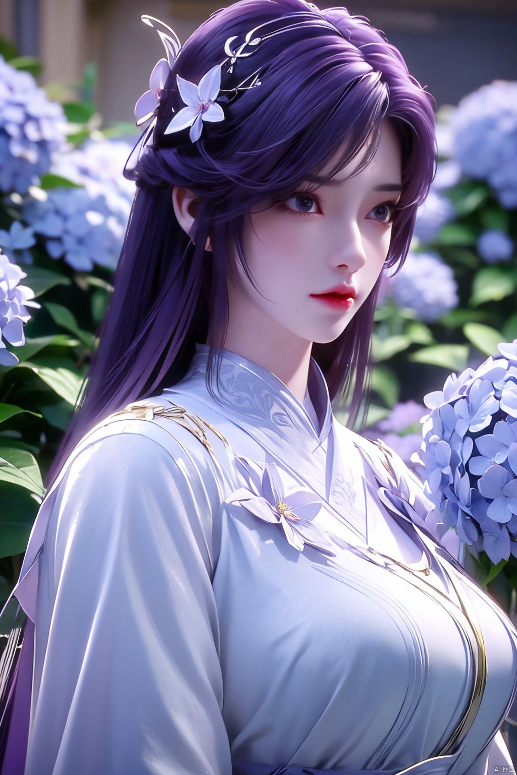 masterpiece, best quality,1girl, hair ornament, solo, long hair, purple hair, realistic, flower, upper body, , closed mouth, lips,Xyunxi,, (big breasts:1.29),depth of field,X-Hydrangea,xhuolinger,Xsulingyun, Yunxiao_Fairy